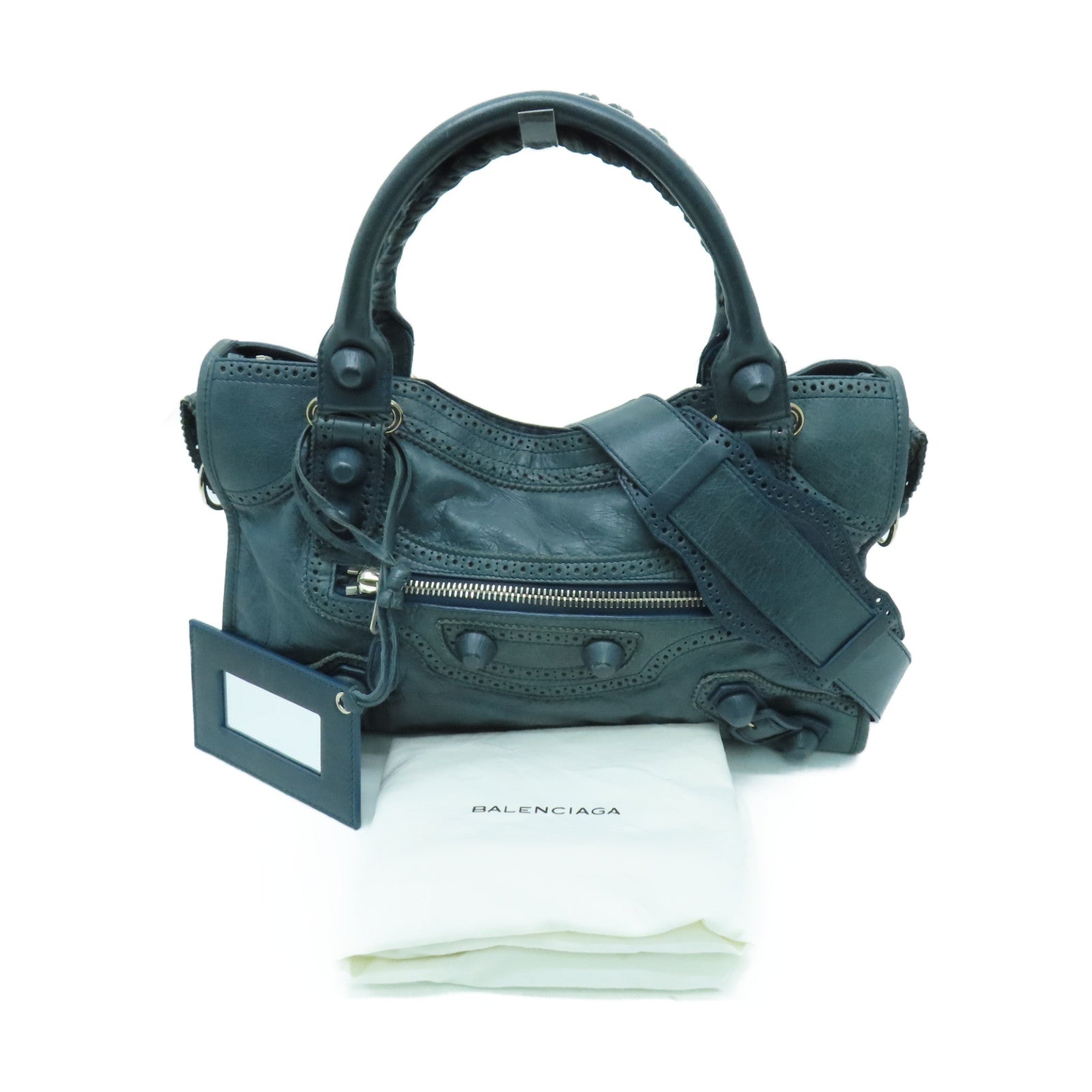 BALENCIAGA 牛皮皮革Giant City銀扣手挽肩背兩用袋藍色