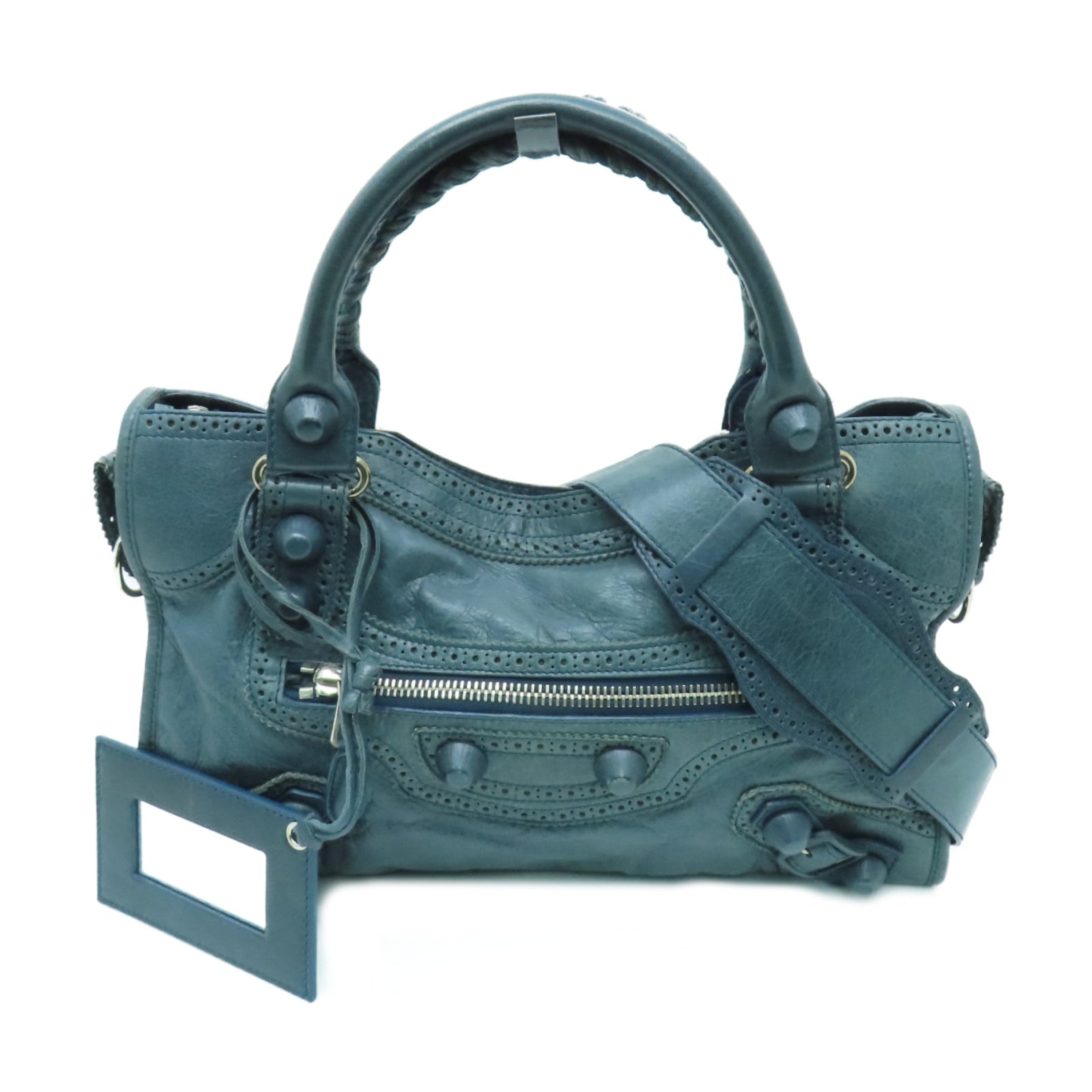 BALENCIAGA 牛皮皮革Giant City銀扣手挽肩背兩用袋藍色
