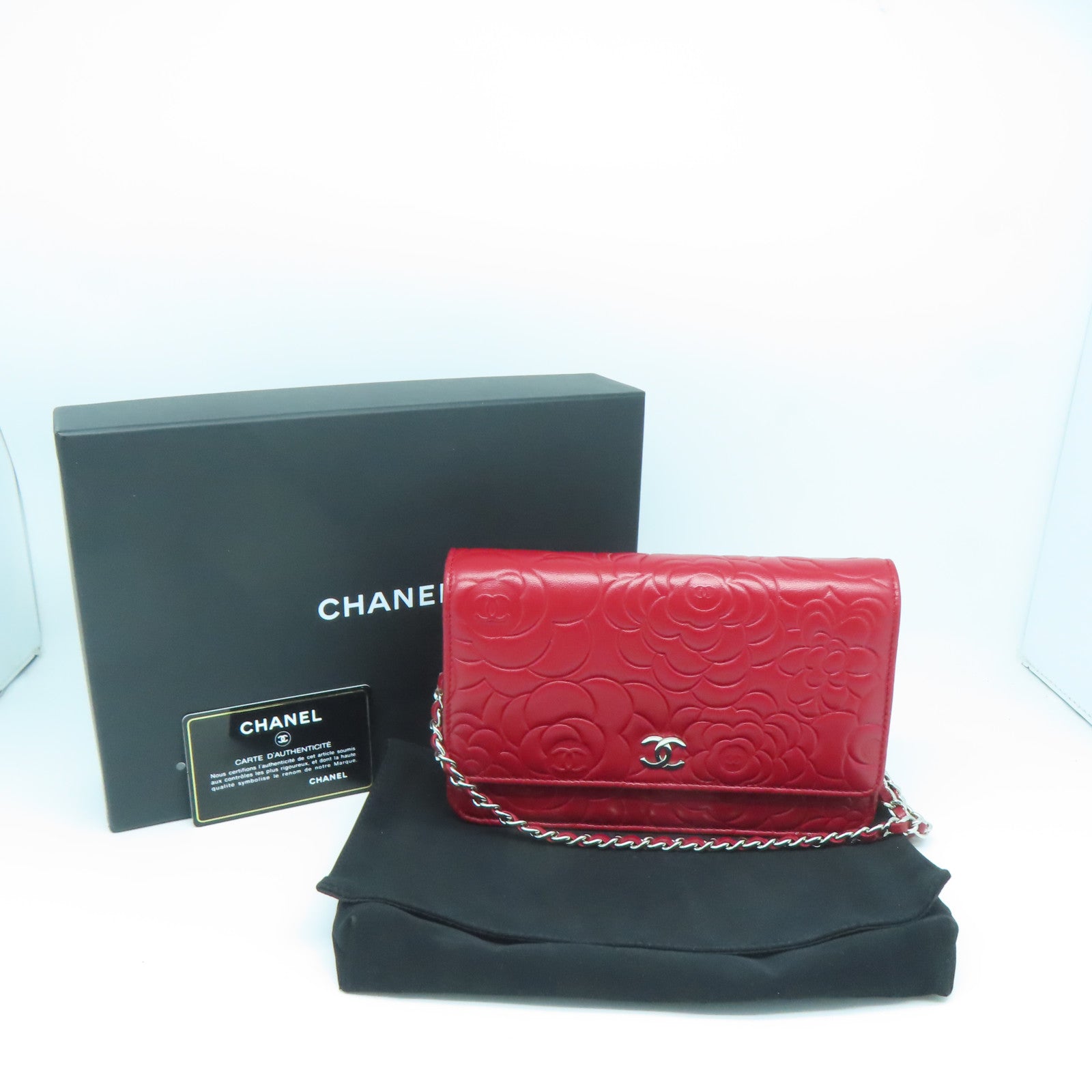 CHANEL 羊皮皮革WOC Shoulder Bag银扣链带肩背袋红色
