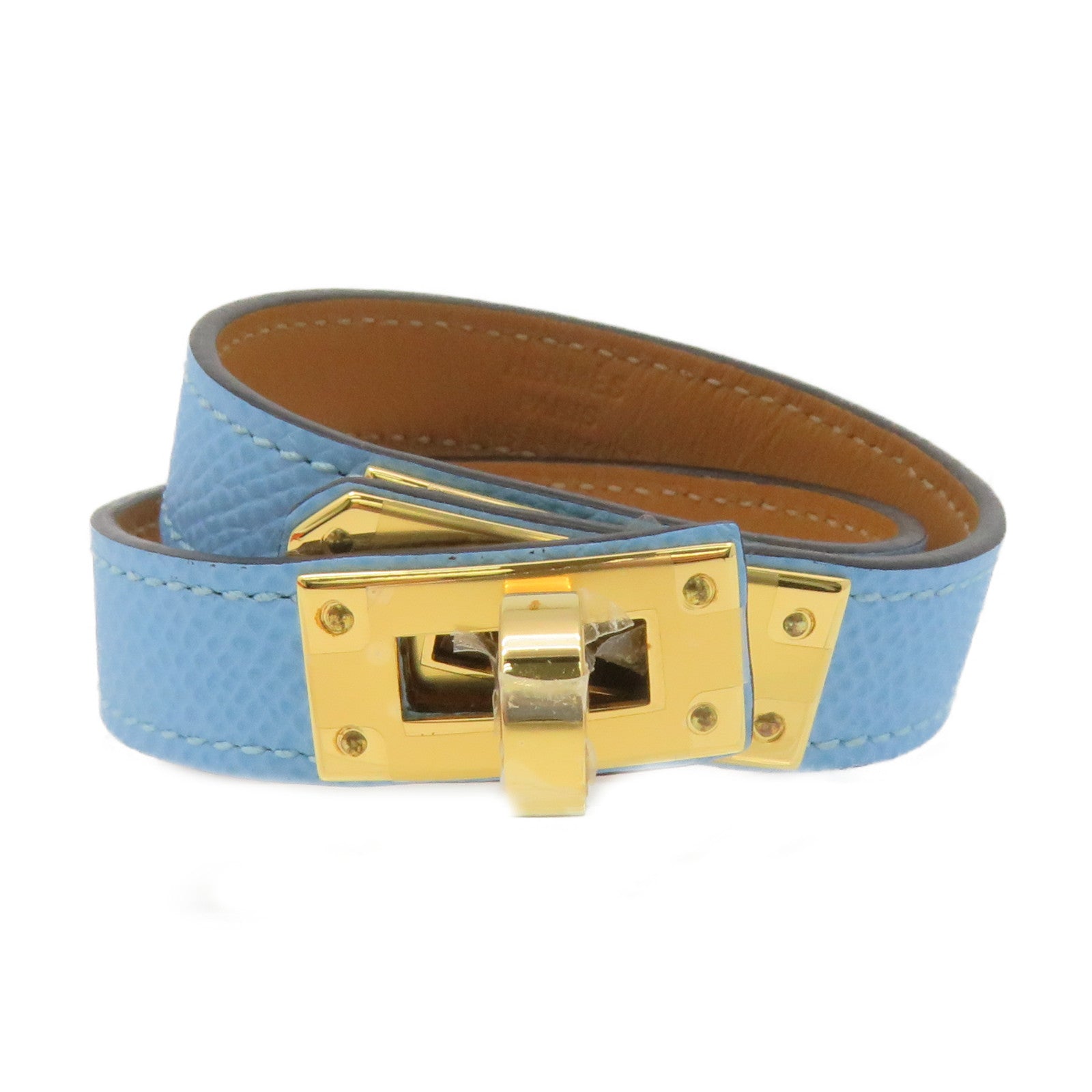 HERMES Swift皮革/金屬Mini Kelly Double Tour Bracelet T3金扣手鏈淺藍色