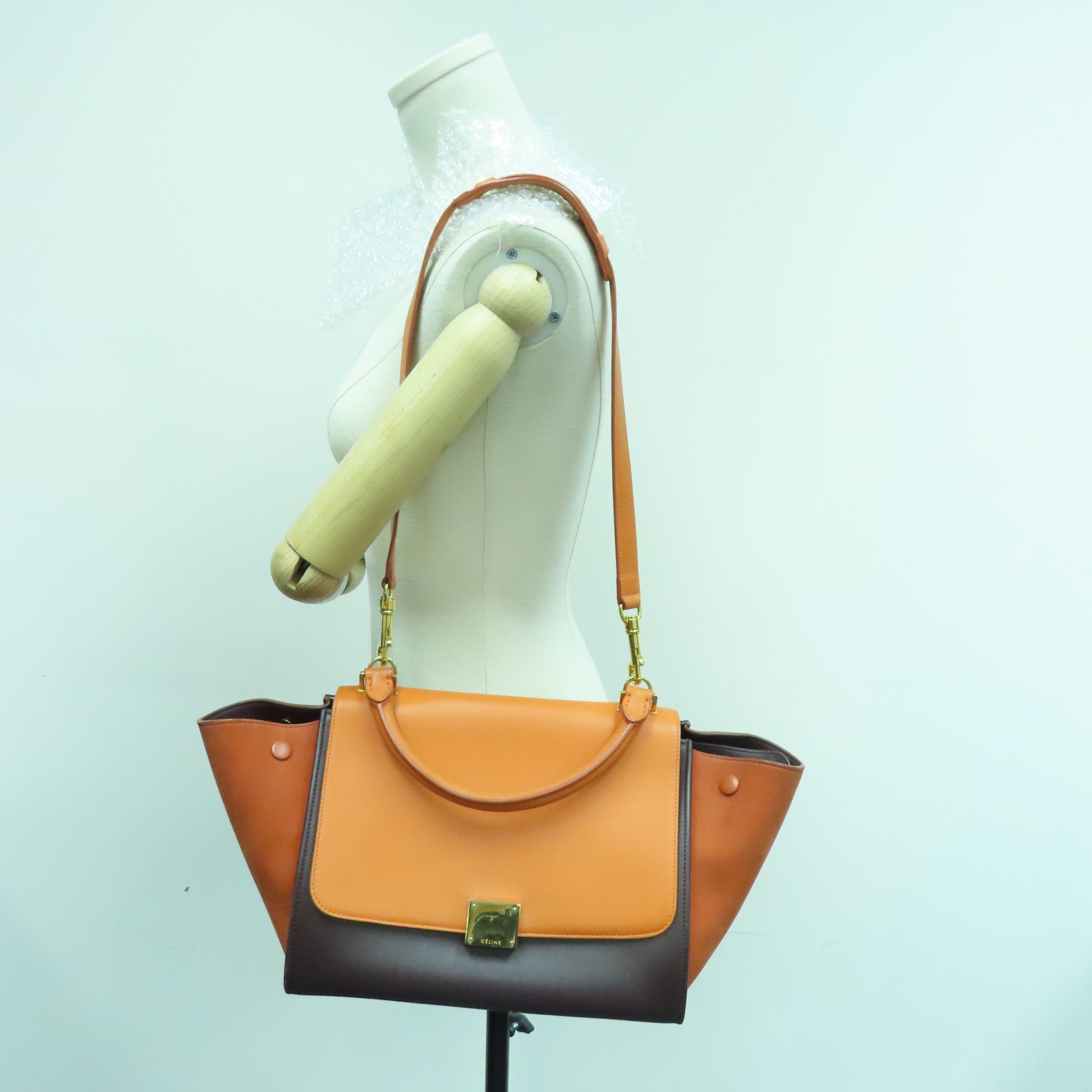 CELINE Cowhide Leather Trapeze Gold Buckle Handle Shoulder Bag Brown/Orange
