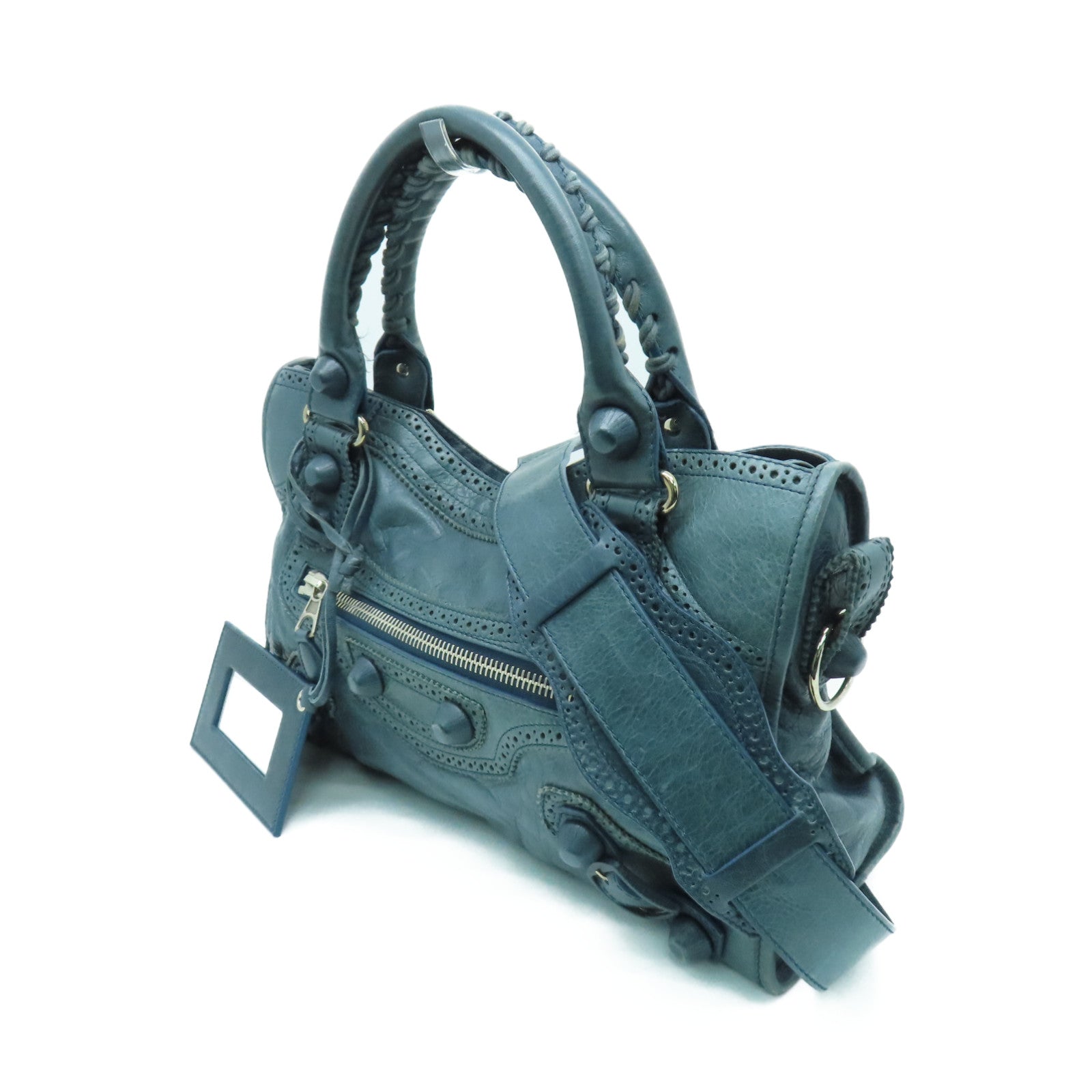 BALENCIAGA 牛皮皮革Giant City銀扣手挽肩背兩用袋藍色