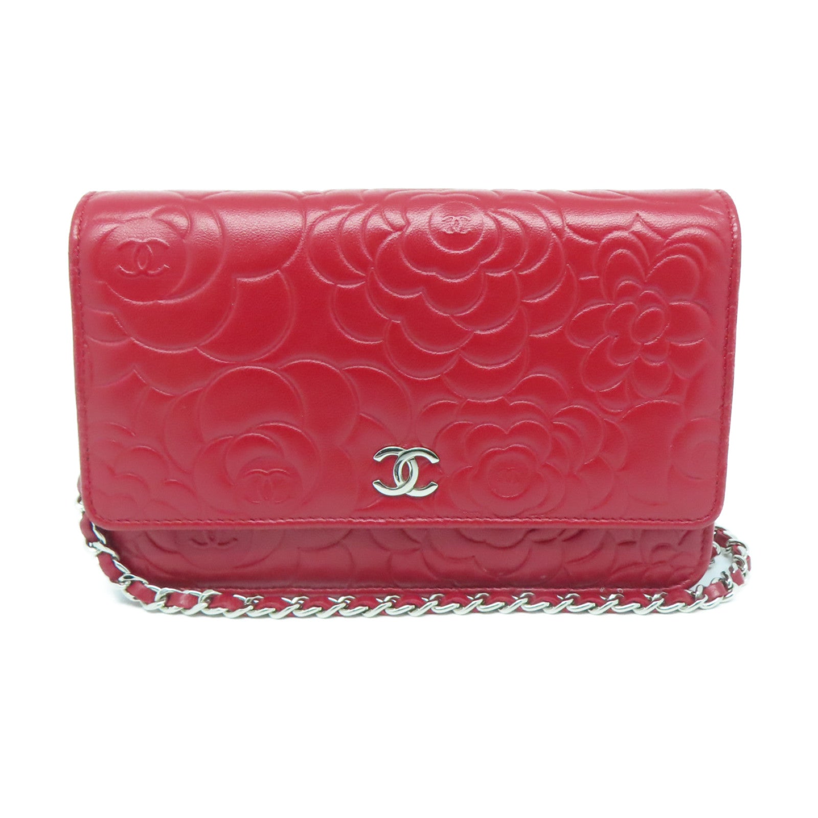 CHANEL 羊皮皮革WOC Shoulder Bag银扣链带肩背袋红色
