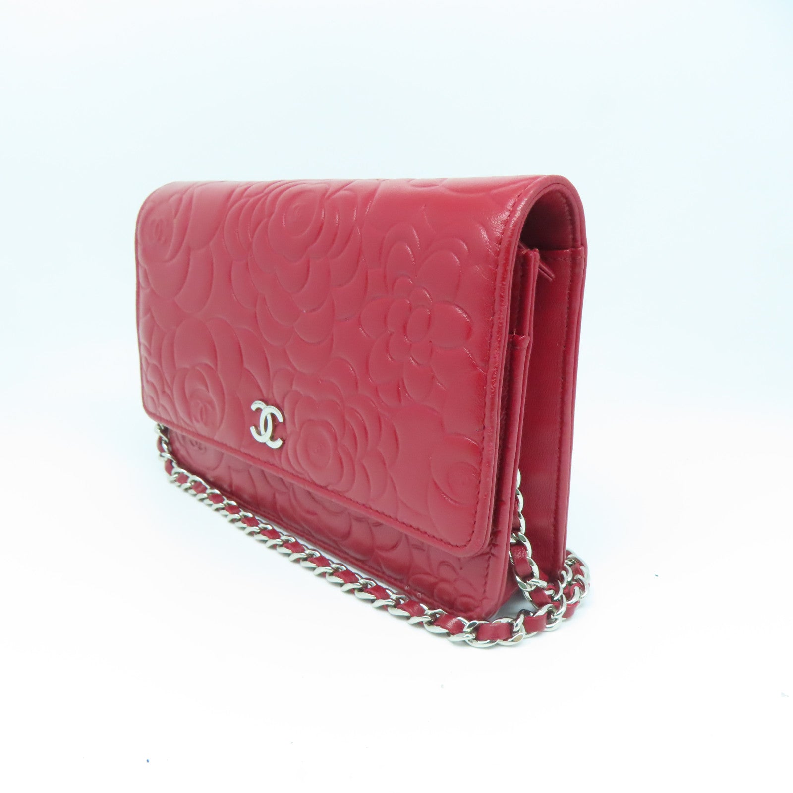 CHANEL 羊皮皮革WOC Shoulder Bag银扣链带肩背袋红色