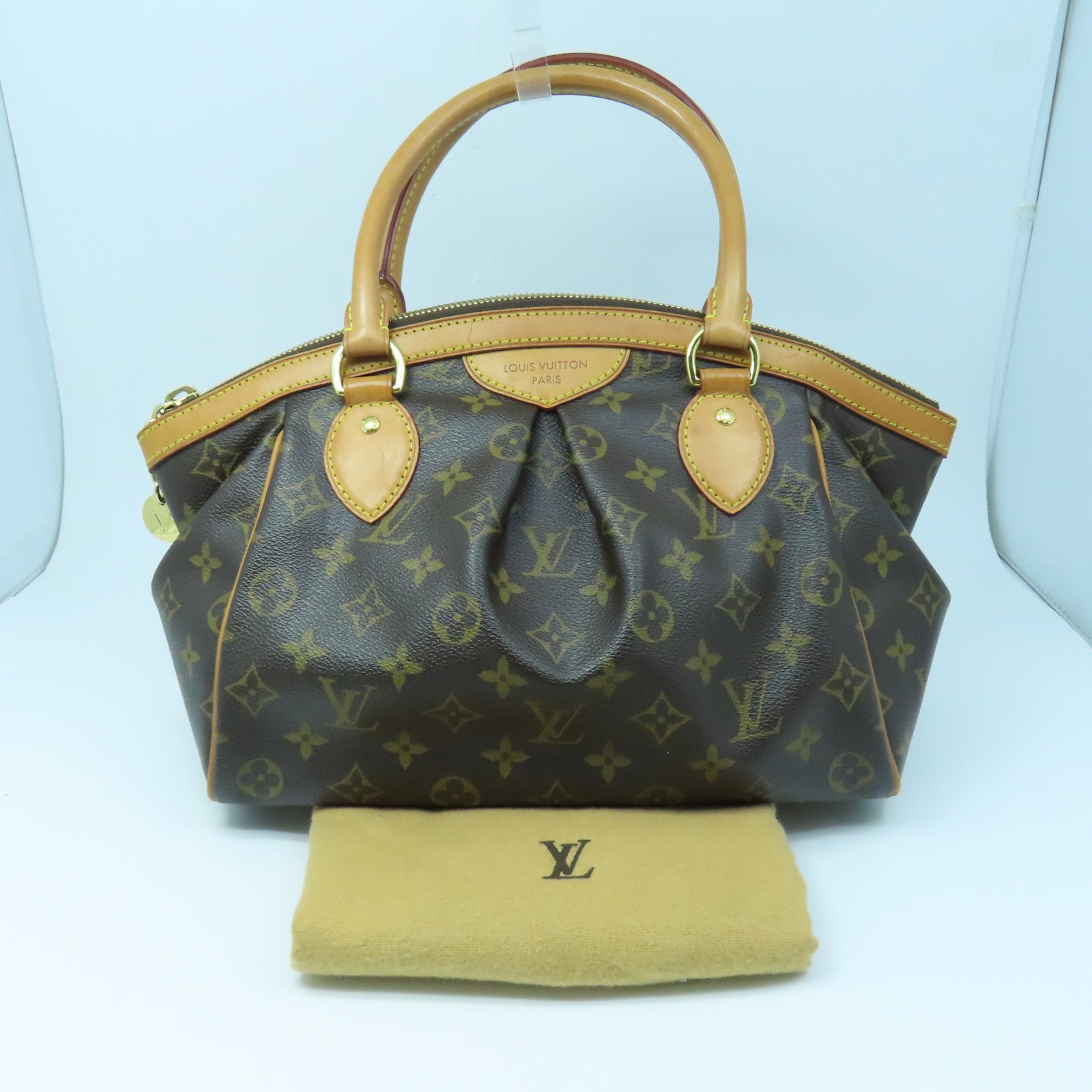 LOUIS VUITTON Monogram Tivoli PM Gold Buckle Handle Bag Brown