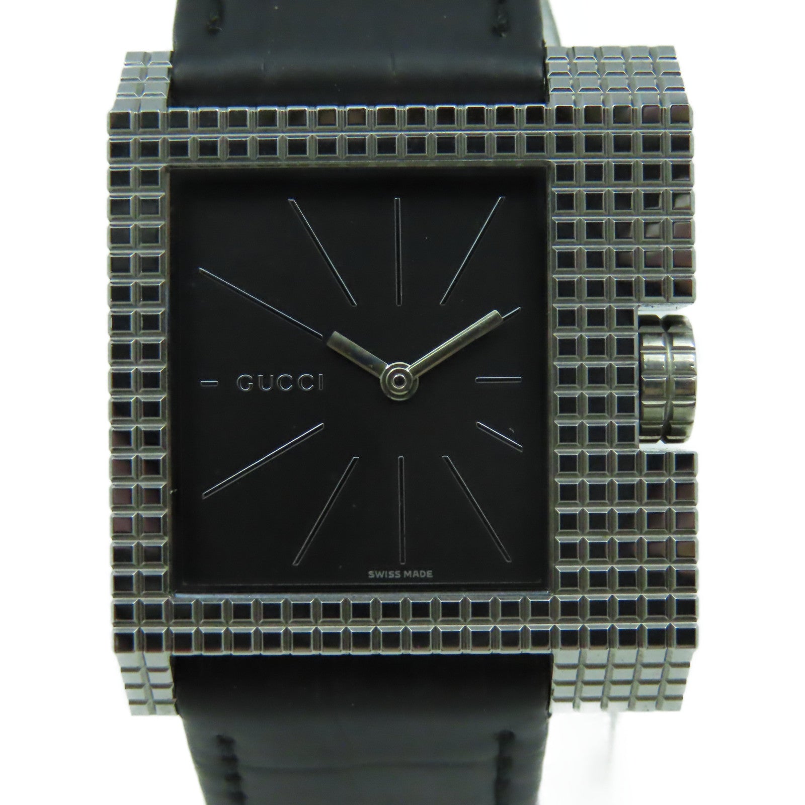 GUCCI 7100M Watch不鏽鋼/皮革帶石英機芯手錶黑色