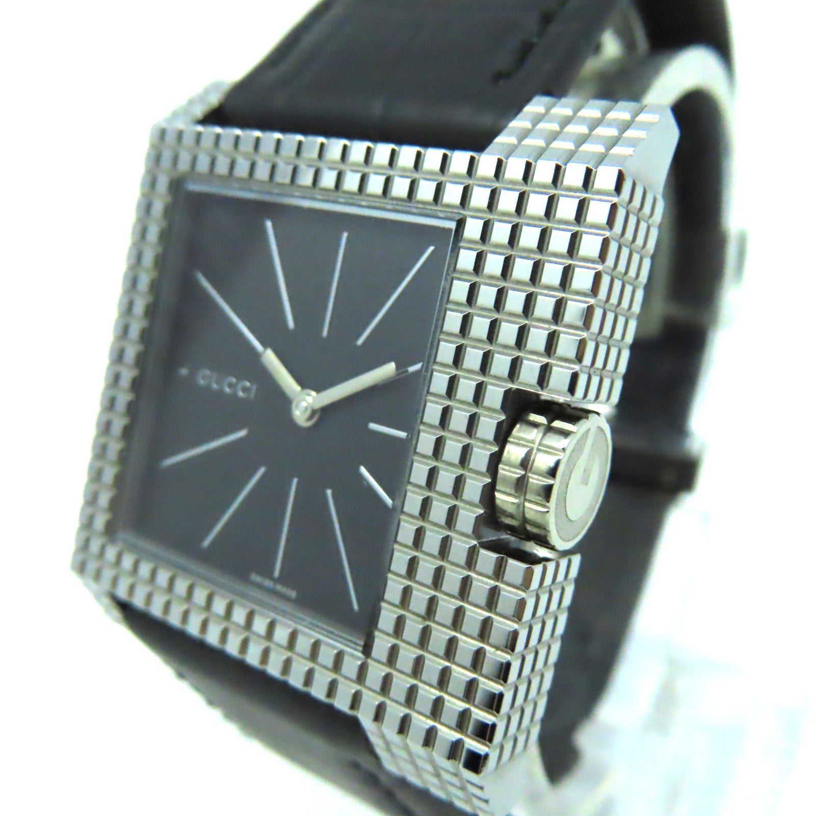 GUCCI 7100M Watch不鏽鋼/皮革帶石英機芯手錶黑色