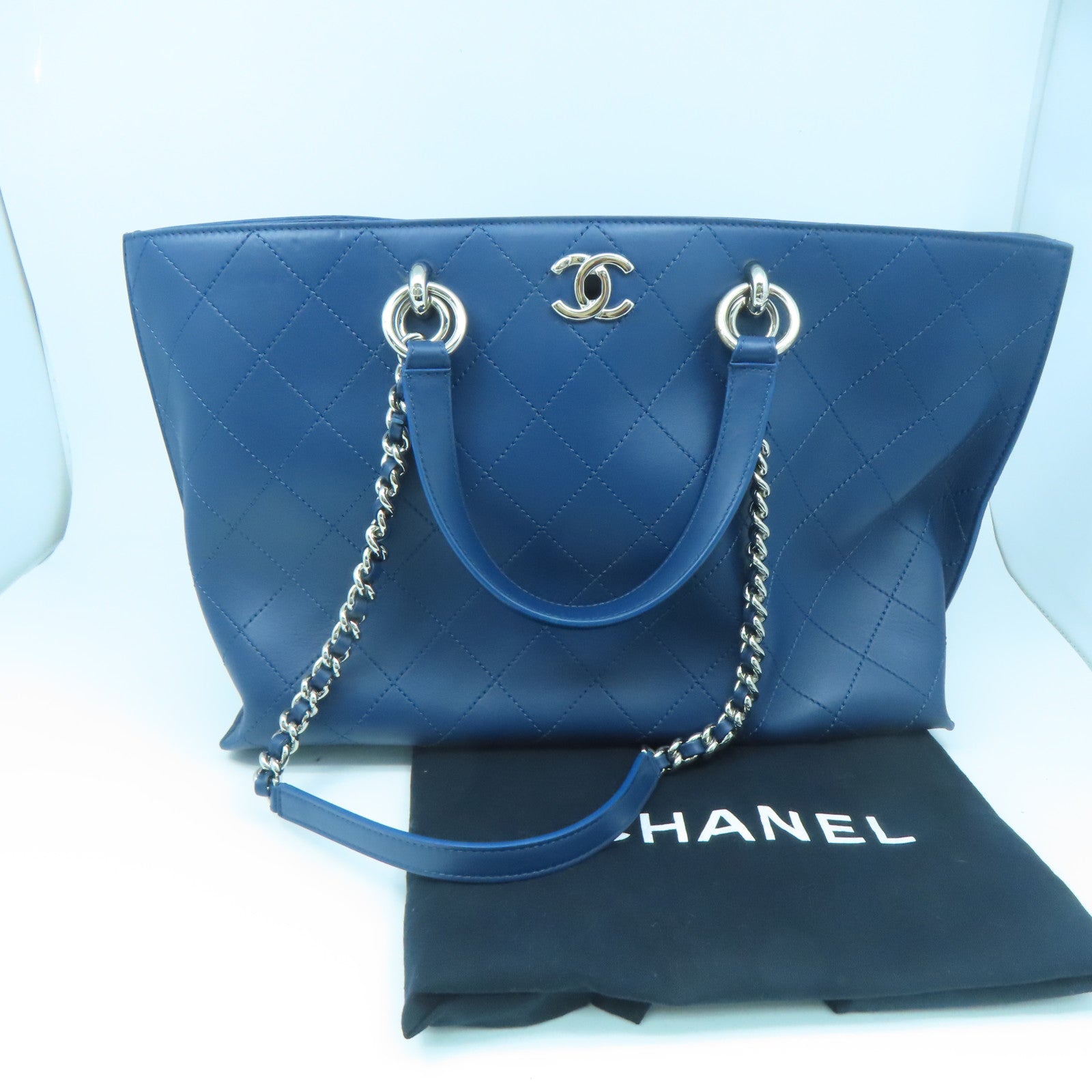 CHANEL 菱格牛皮皮革Totebag銀扣鏈帶手挽肩背兩用袋藍色