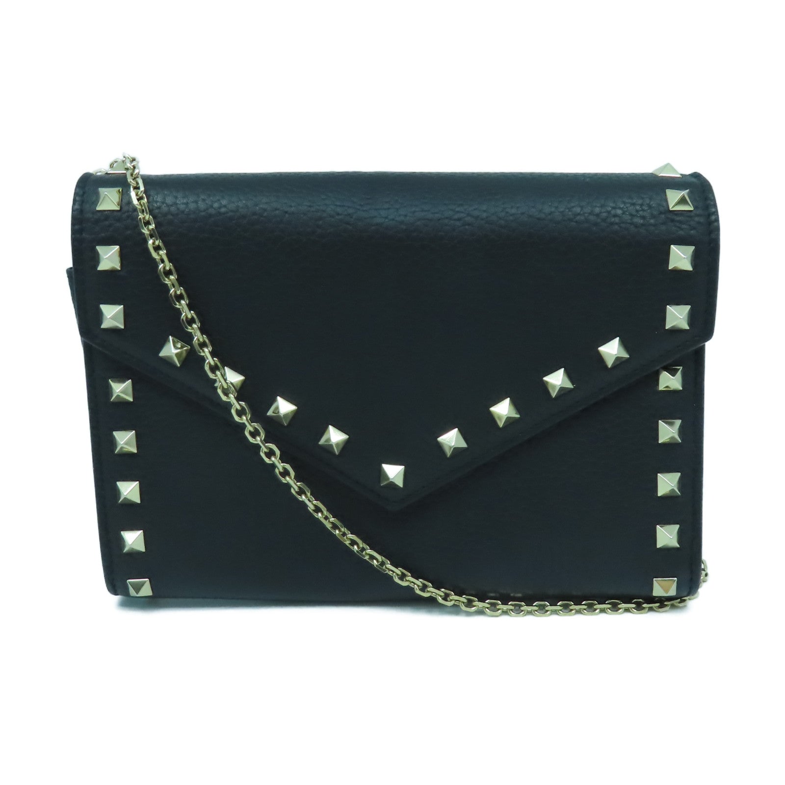 Valentino 牛皮皮革Chain Shoulder金扣鏈帶肩背袋黑色