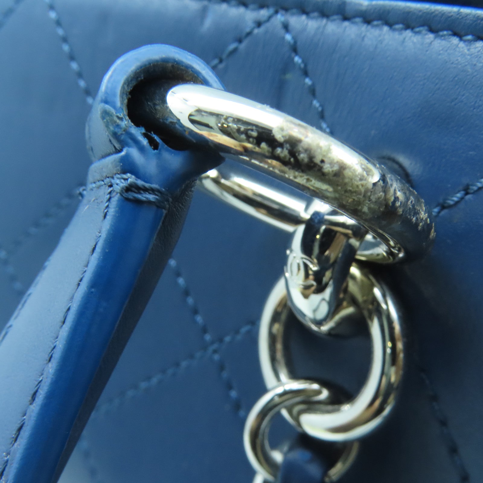 CHANEL 菱格牛皮皮革Totebag銀扣鏈帶手挽肩背兩用袋藍色