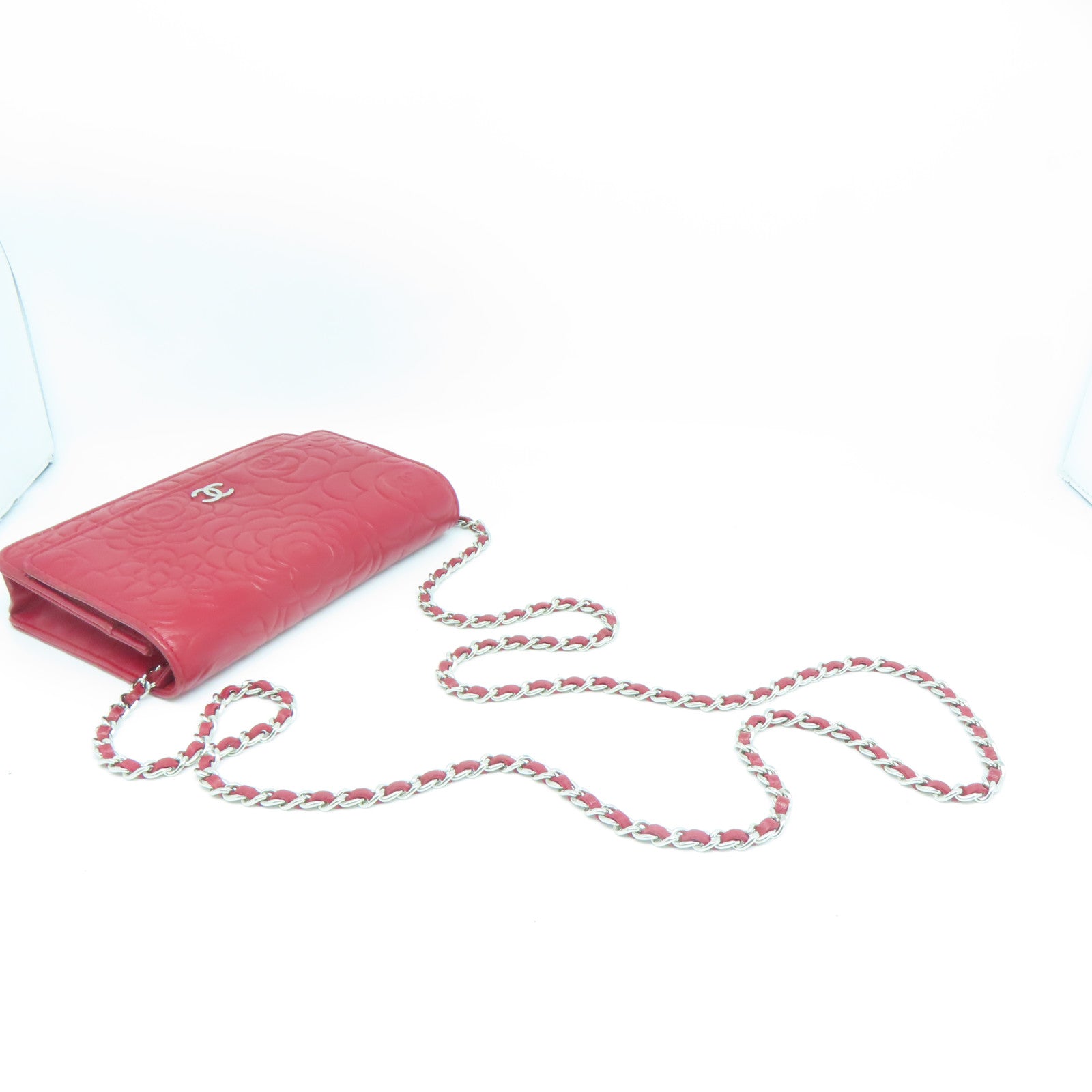 CHANEL 羊皮皮革WOC Shoulder Bag银扣链带肩背袋红色
