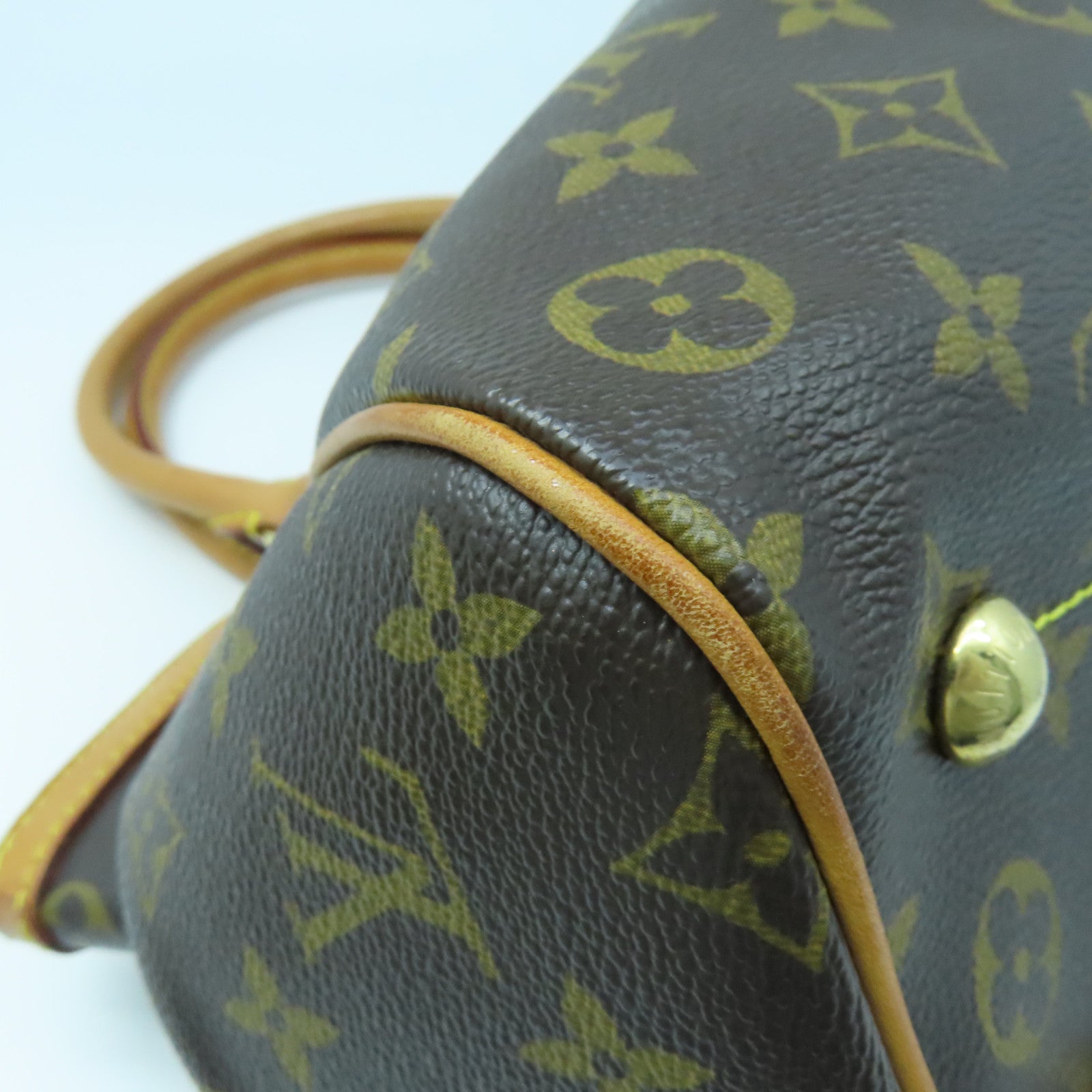 LOUIS VUITTON Monogram Tivoli PM Gold Buckle Handle Bag Brown