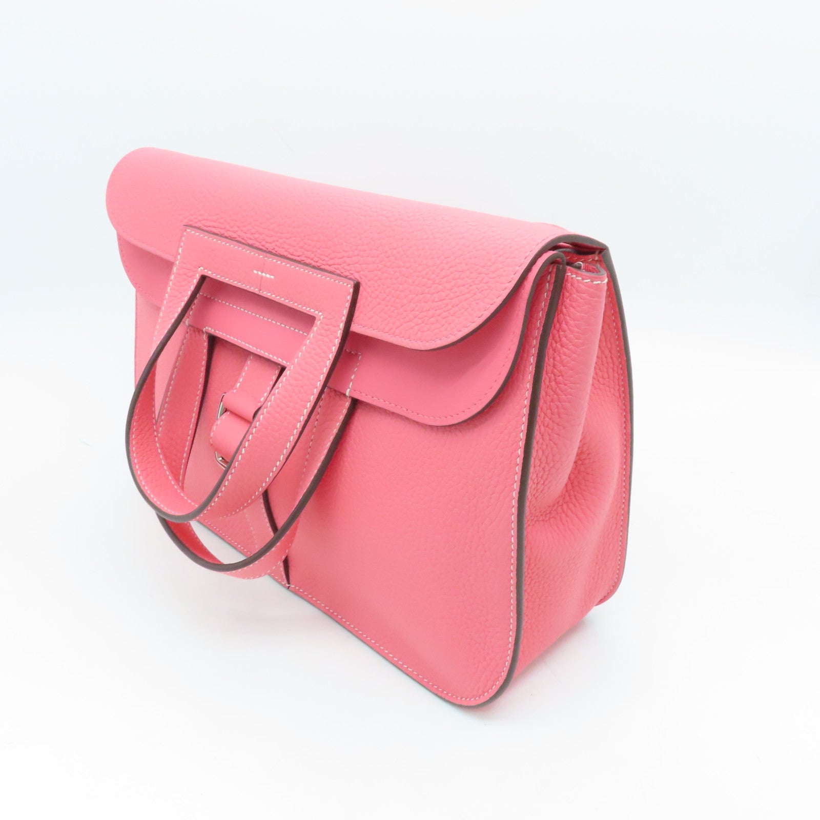 HERMES Clemence Leather Halzan 31 Silver Buckle Handle Shoulder Bag Rose Azalee Pink