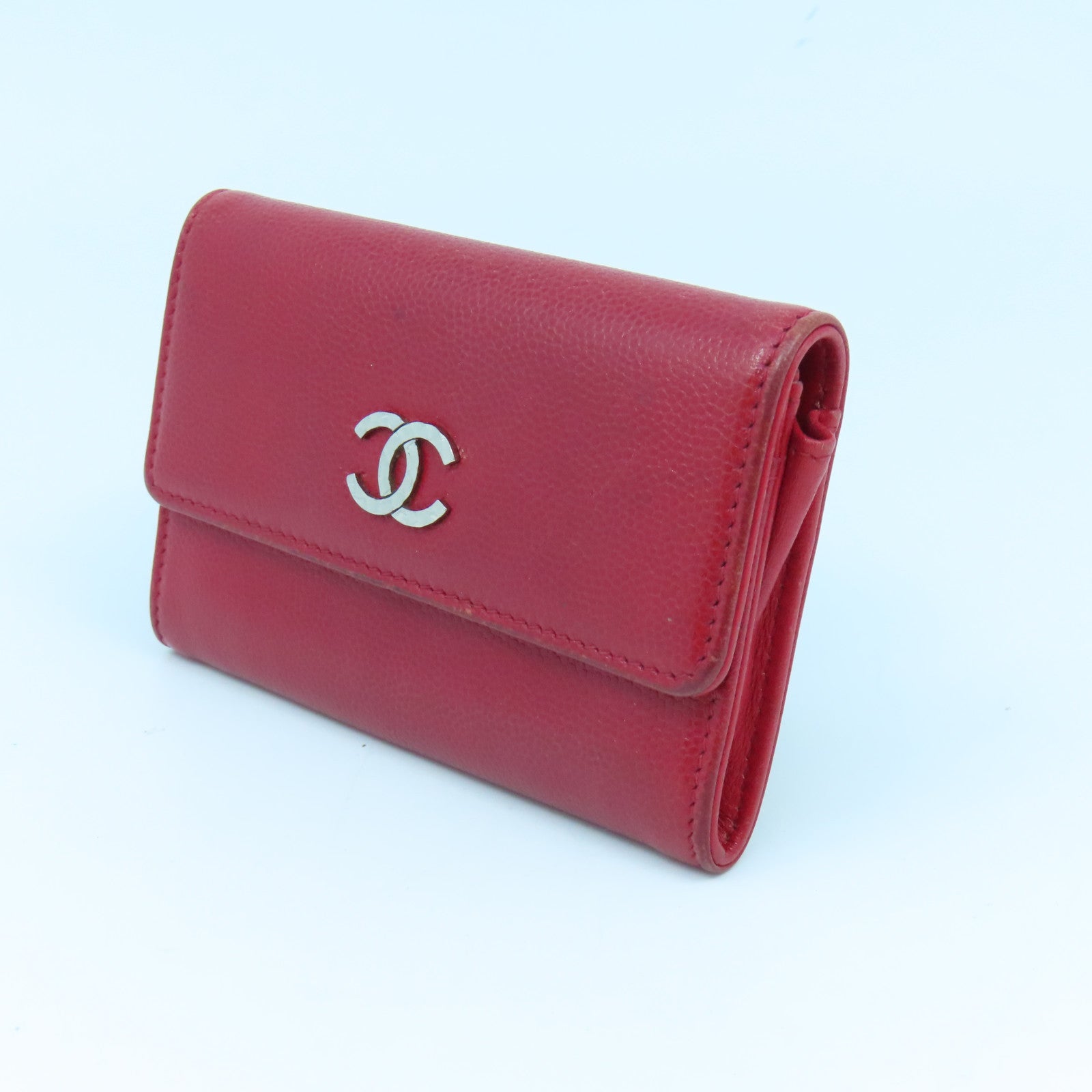 CHANEL 牛皮皮革Card Case银扣卡片套红色