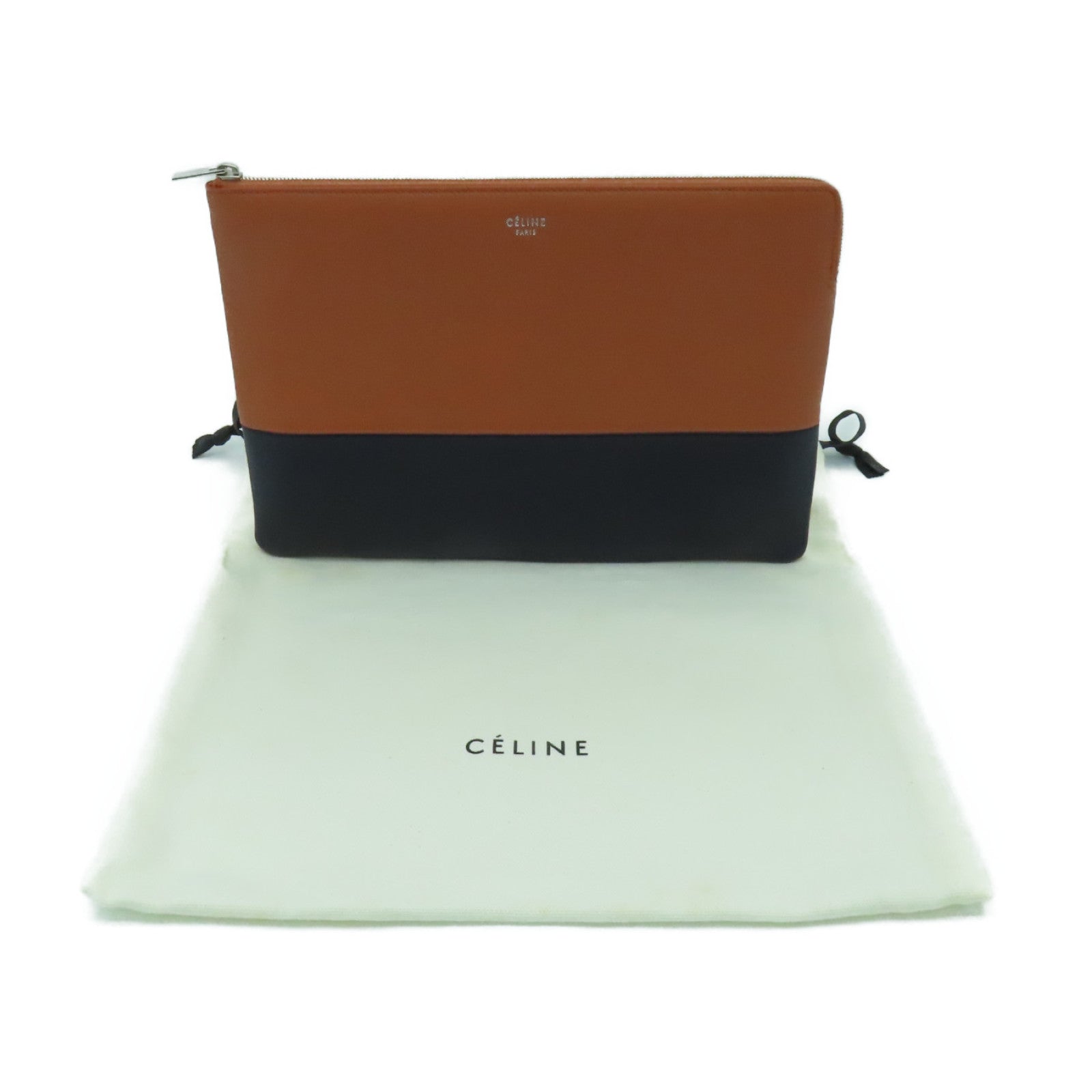 CELINE 【激減優惠】皮革Clutch Bag銀扣手拿包啡色/黑色