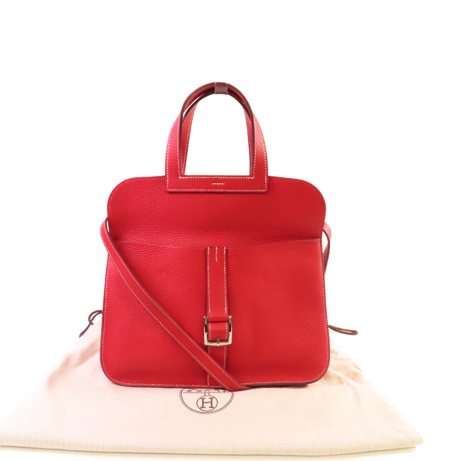 HERMES Clemence皮革Halzan 31 2Way Shoulder Bag銀扣手挽肩背兩用袋Q5 Rouge Casaque國旗紅色