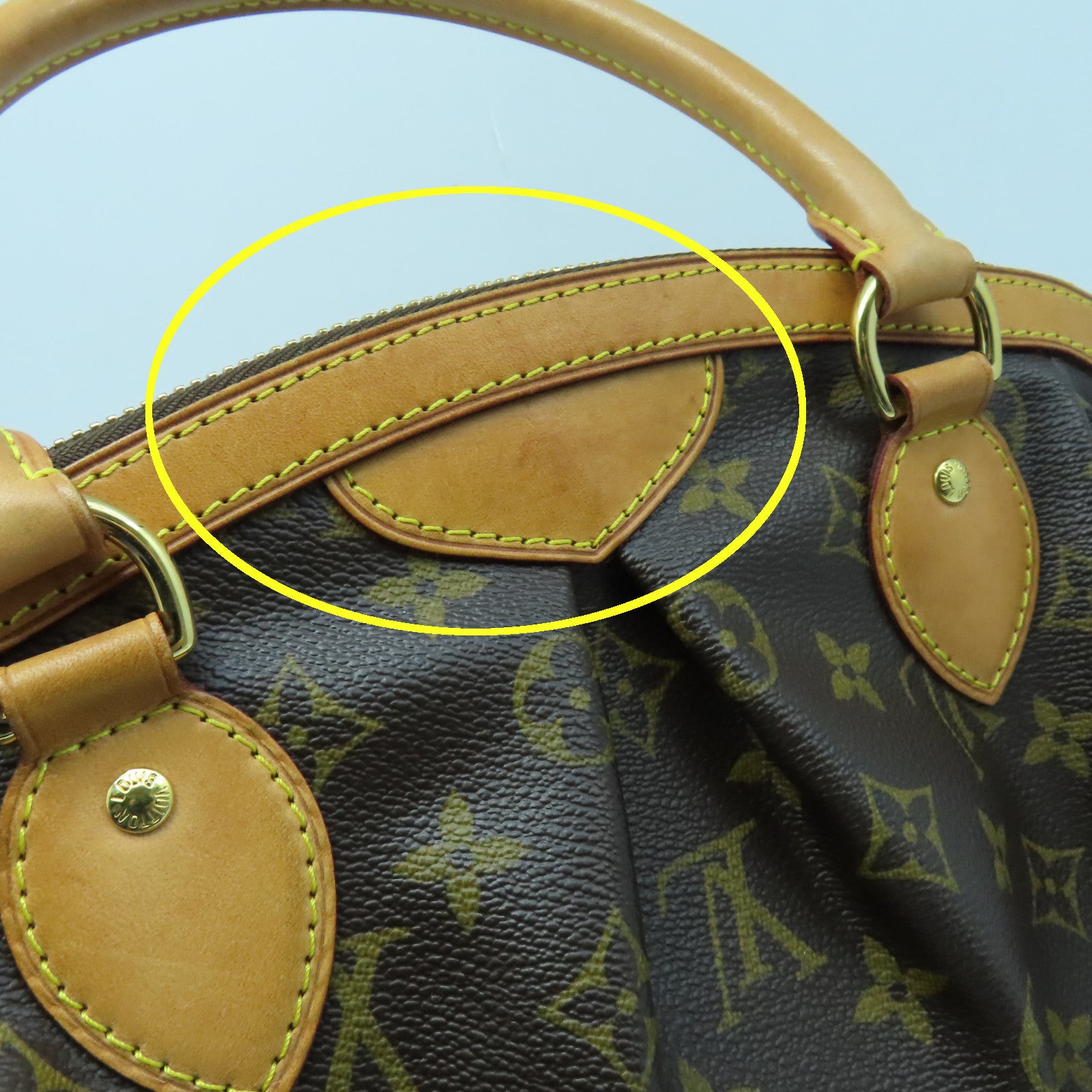 LOUIS VUITTON Monogram Tivoli PM Gold Buckle Handle Bag Brown