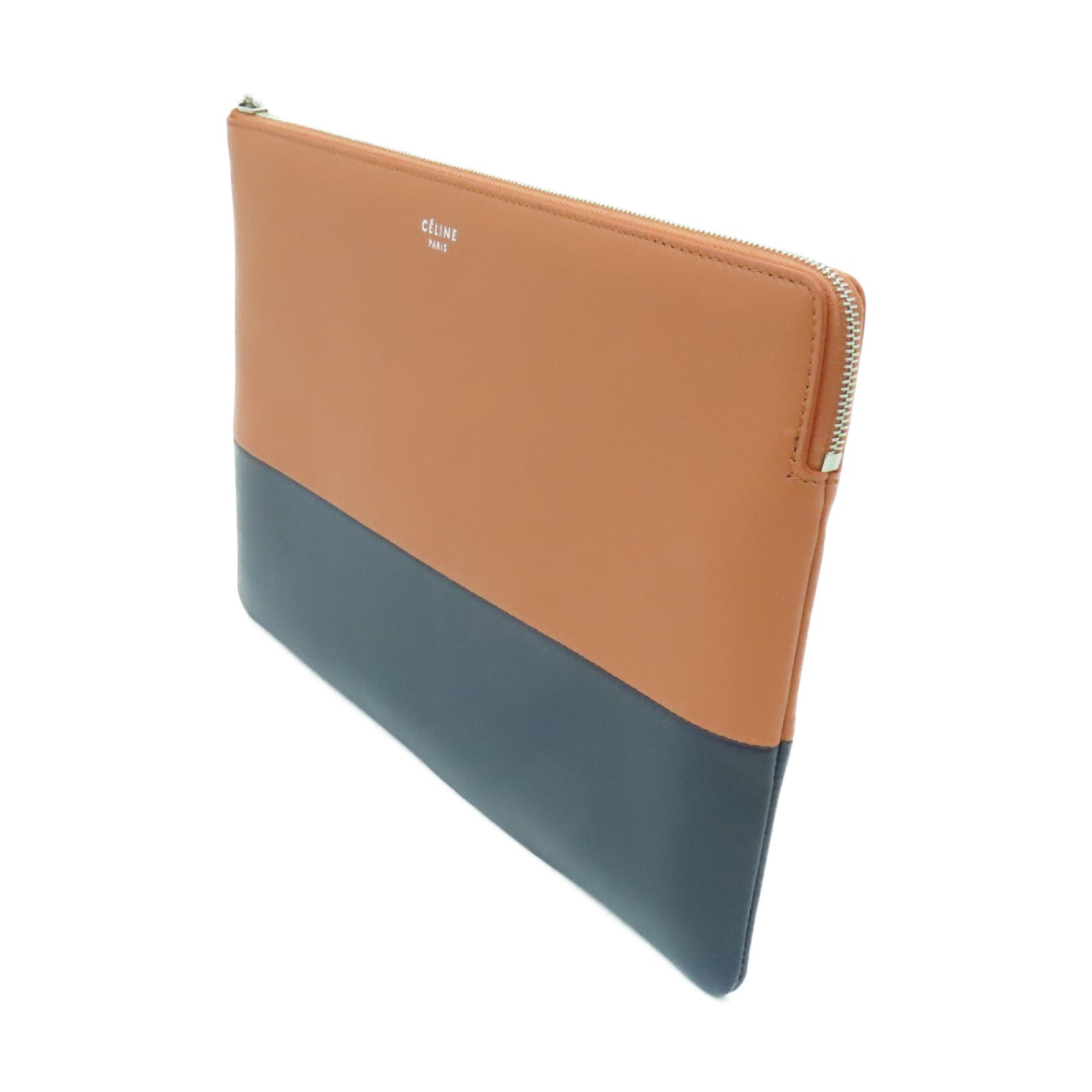 CELINE 【激減優惠】皮革Clutch Bag銀扣手拿包啡色/黑色