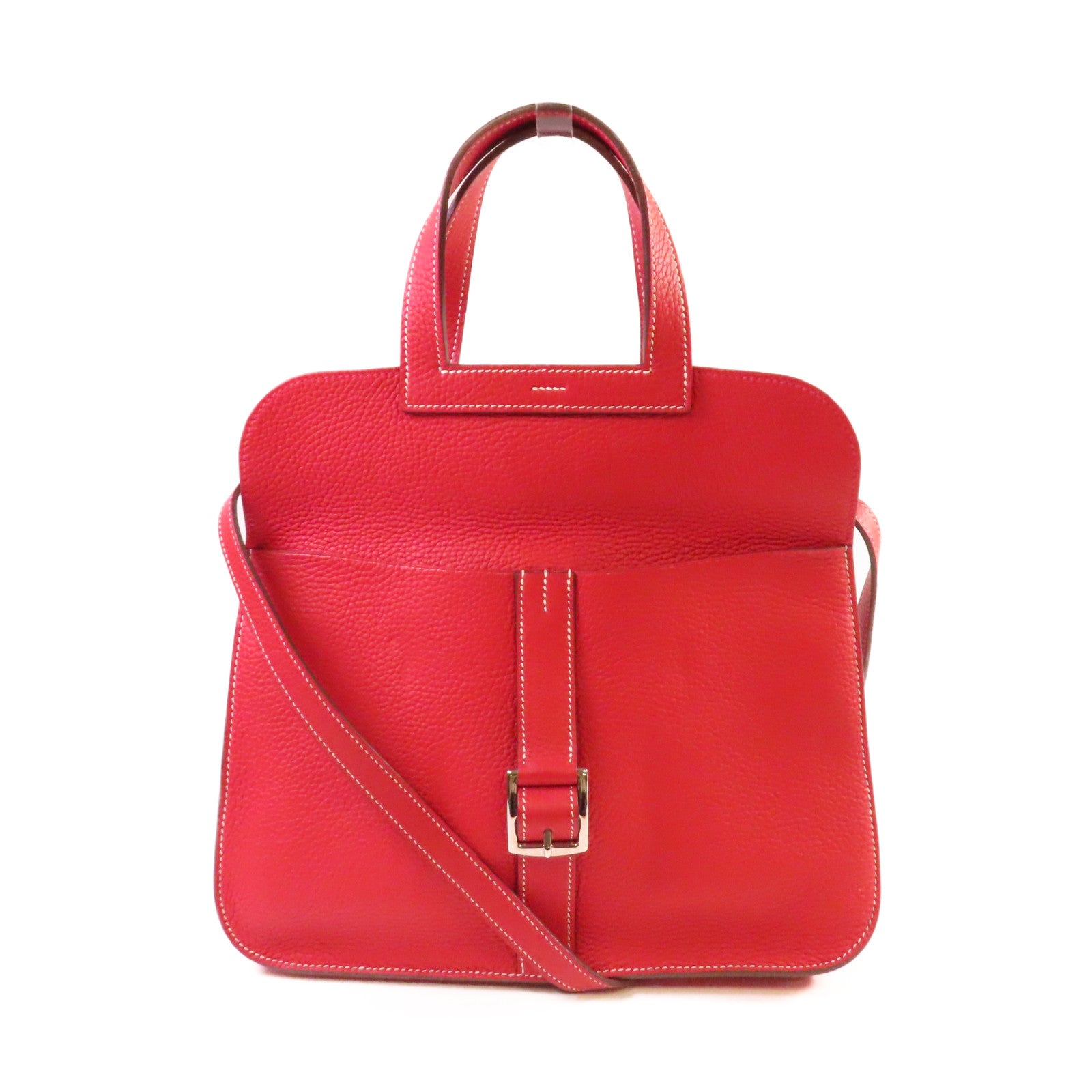 HERMES Clemence皮革Halzan 31 2Way Shoulder Bag銀扣手挽肩背兩用袋Q5 Rouge Casaque國旗紅色