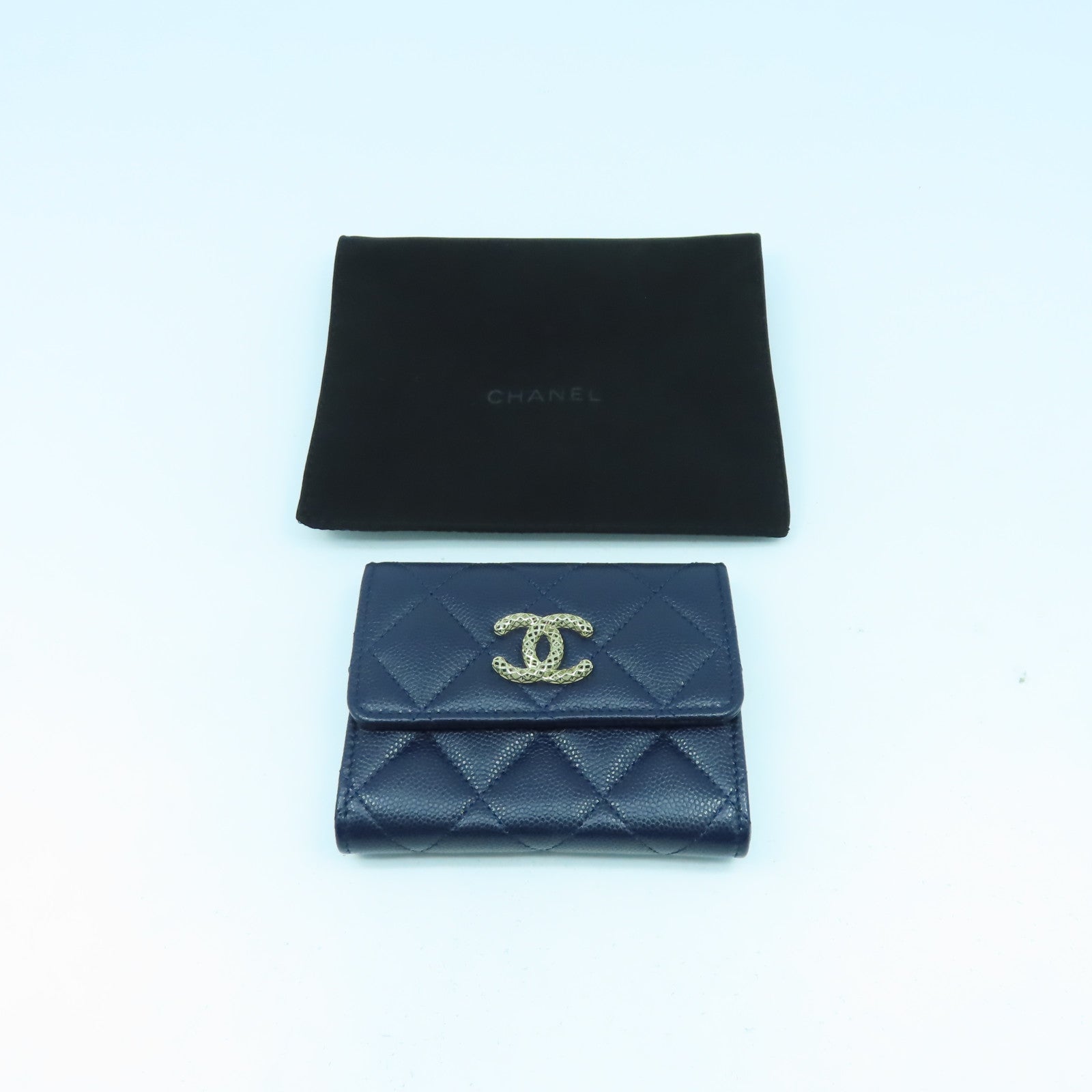 CHANEL 菱格牛皮皮革Card Case金扣卡片套深藍色