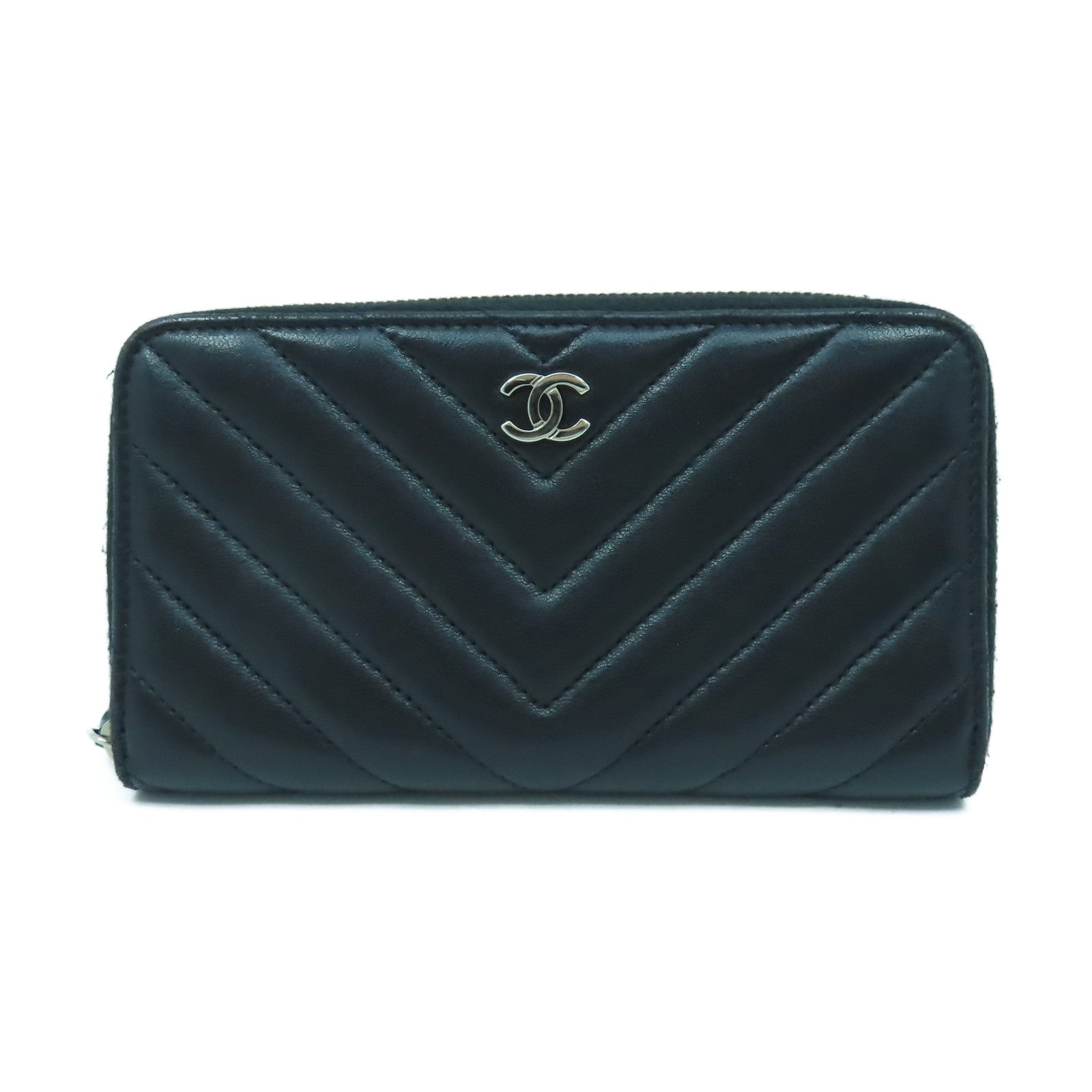 CHANEL 羊皮皮革Coin Case/Card Case銀扣零錢包/卡片套黑色