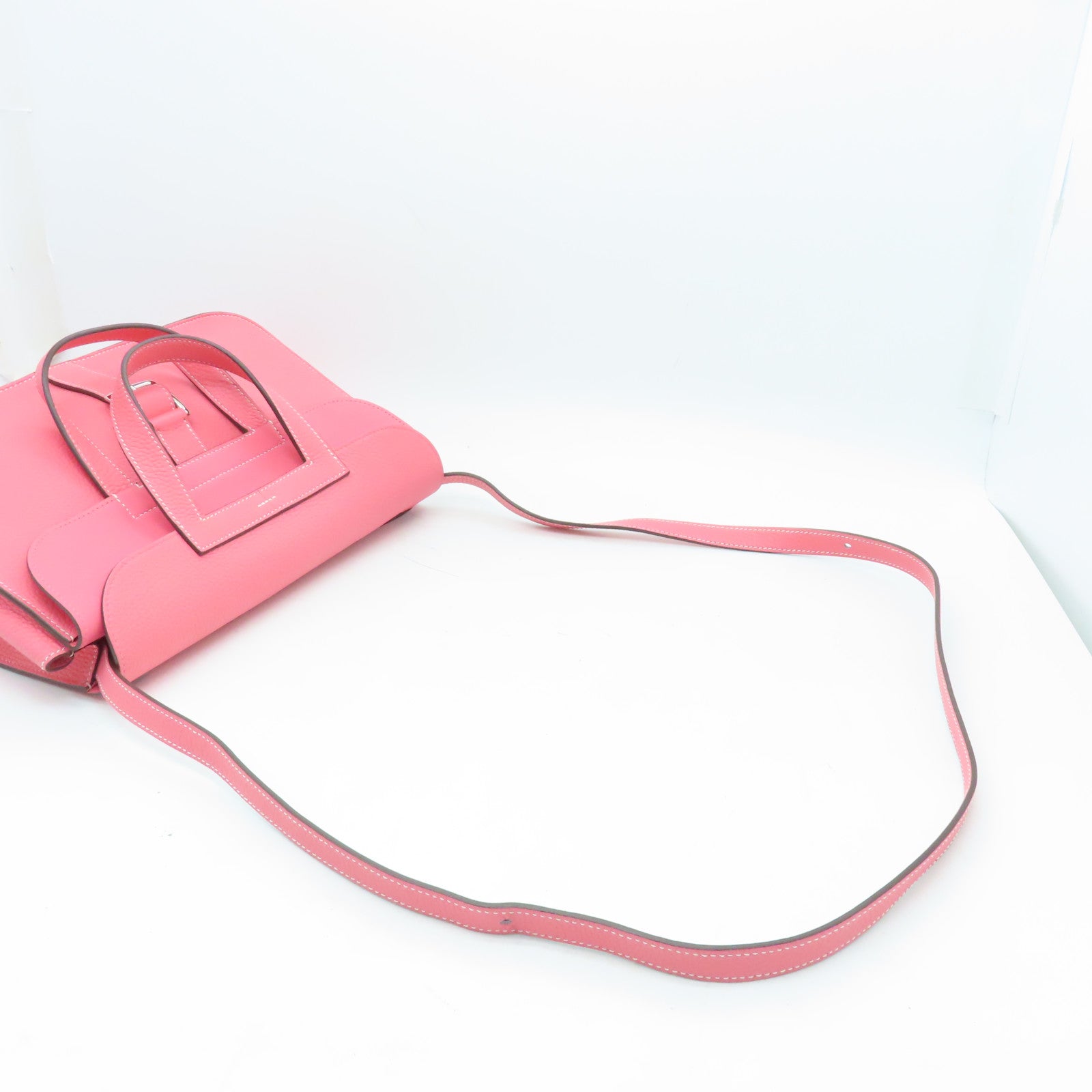 HERMES Clemence Leather Halzan 31 Silver Buckle Handle Shoulder Bag Rose Azalee Pink