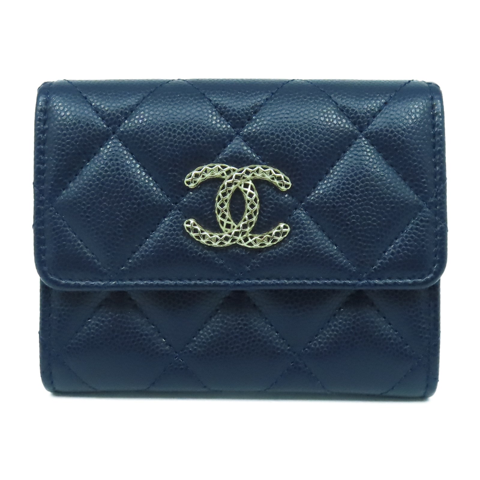 CHANEL 菱格牛皮皮革Card Case金扣卡片套深藍色