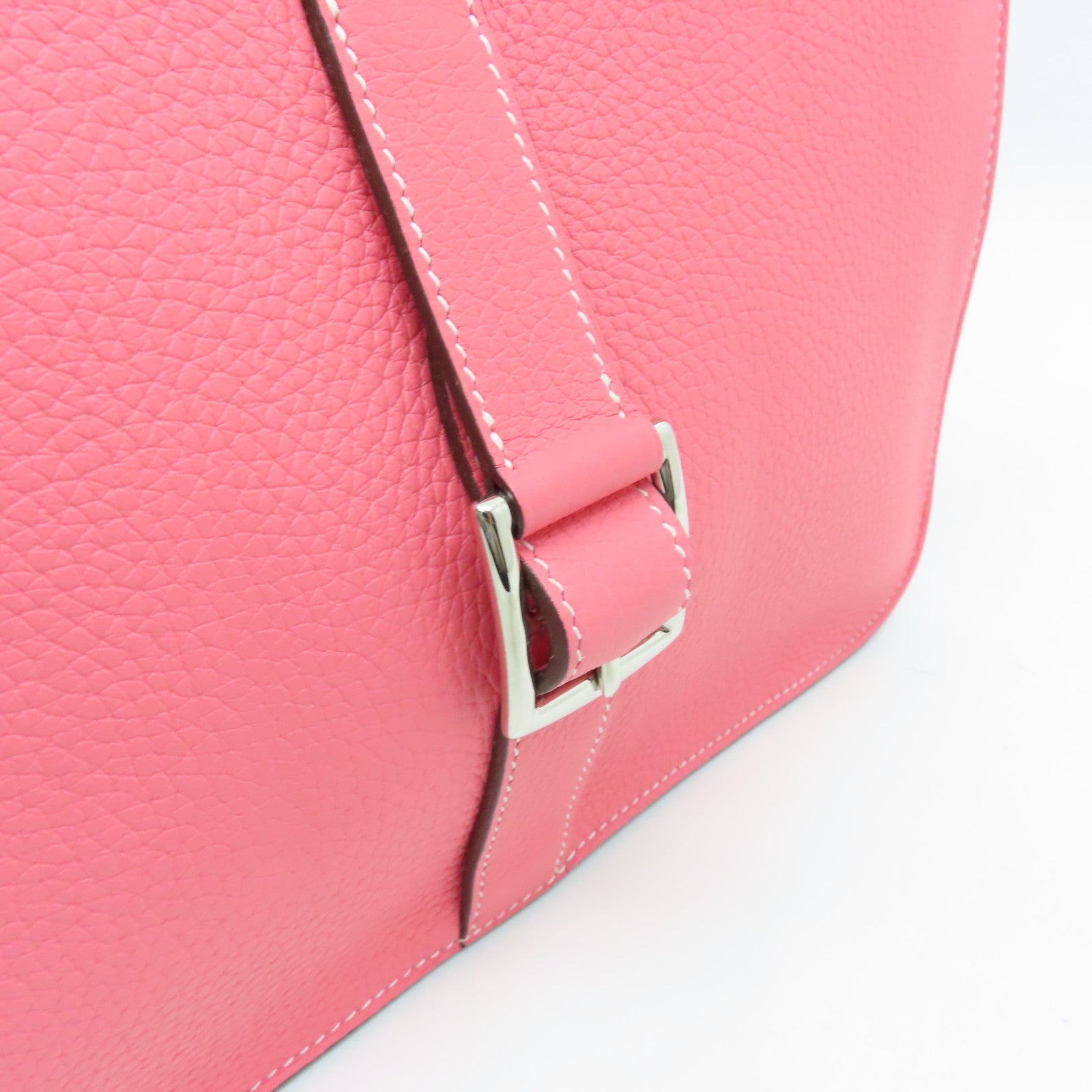 HERMES Clemence Leather Halzan 31 Silver Buckle Handle Shoulder Bag Rose Azalee Pink