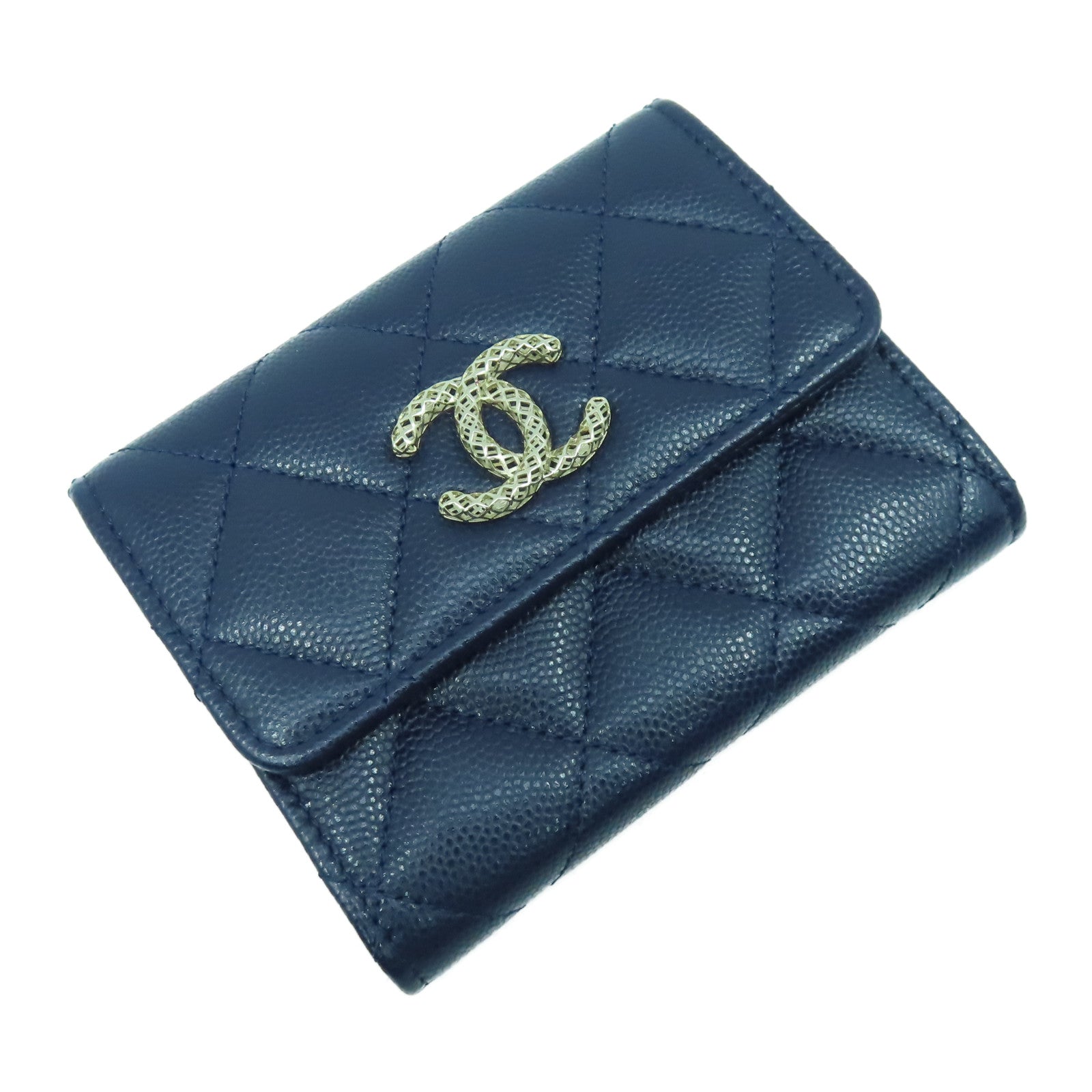 CHANEL 菱格牛皮皮革Card Case金扣卡片套深藍色