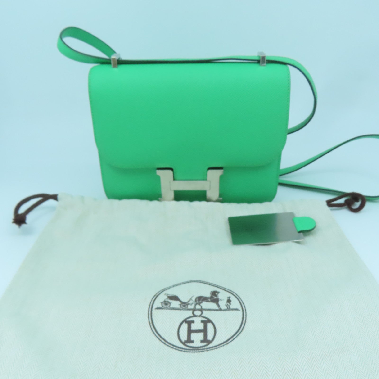 HERMES 【激減優惠】Epsom皮革Mini Constance Miroir銀扣手挽肩背兩用袋綠色