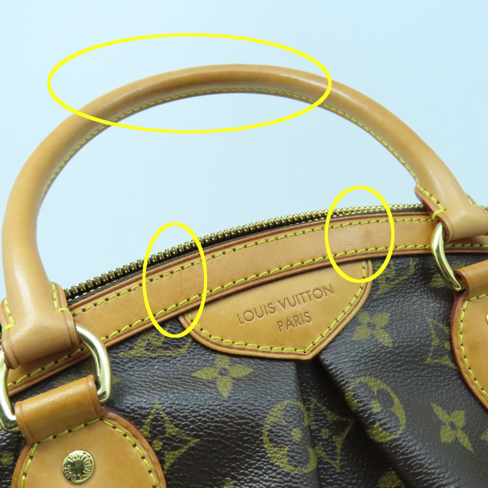 LOUIS VUITTON Monogram Tivoli PM Gold Buckle Handle Bag Brown