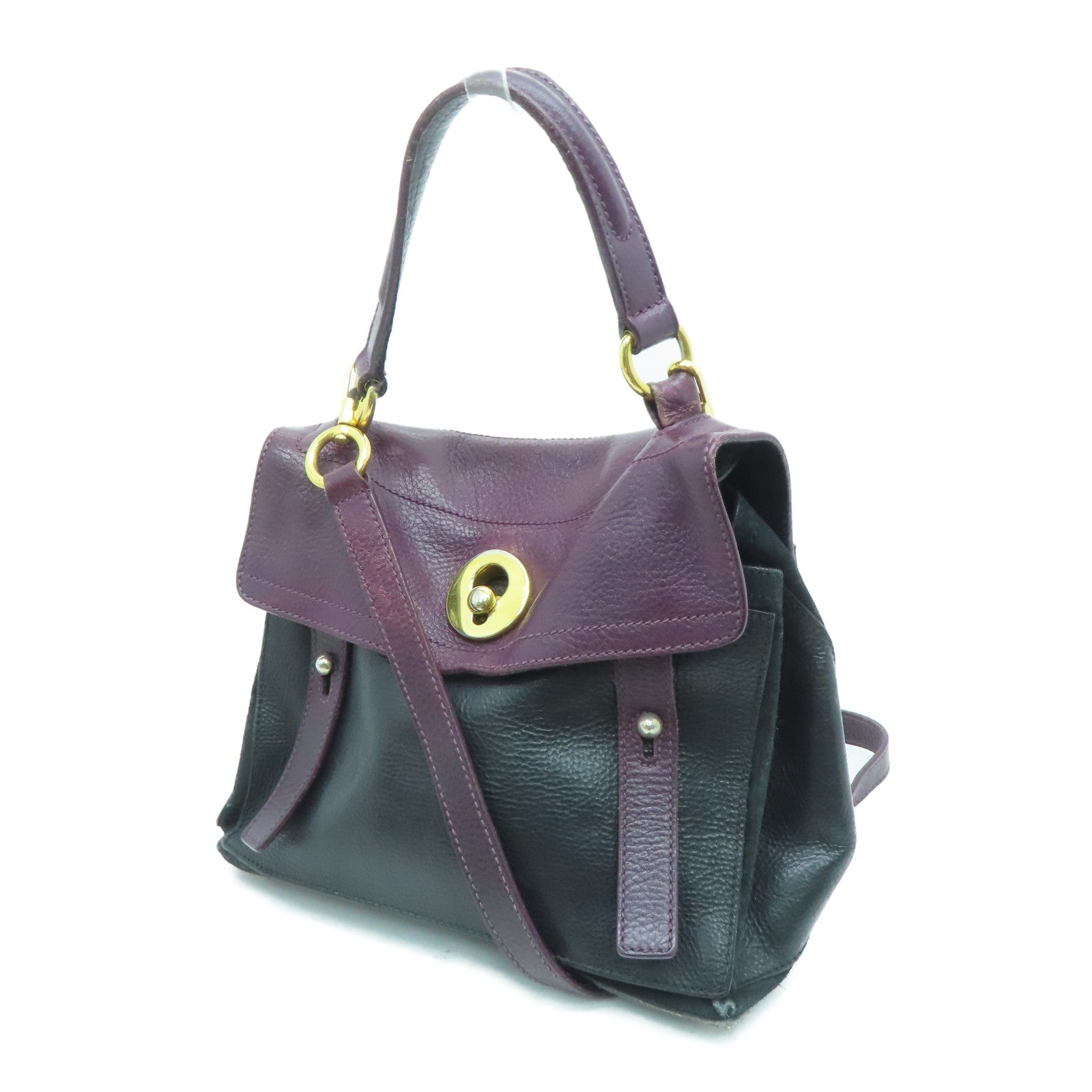 YVES SAINT LAURENT 【激減優惠】牛皮皮革Shoulder Bag手挽肩背兩用袋紫色/黑色