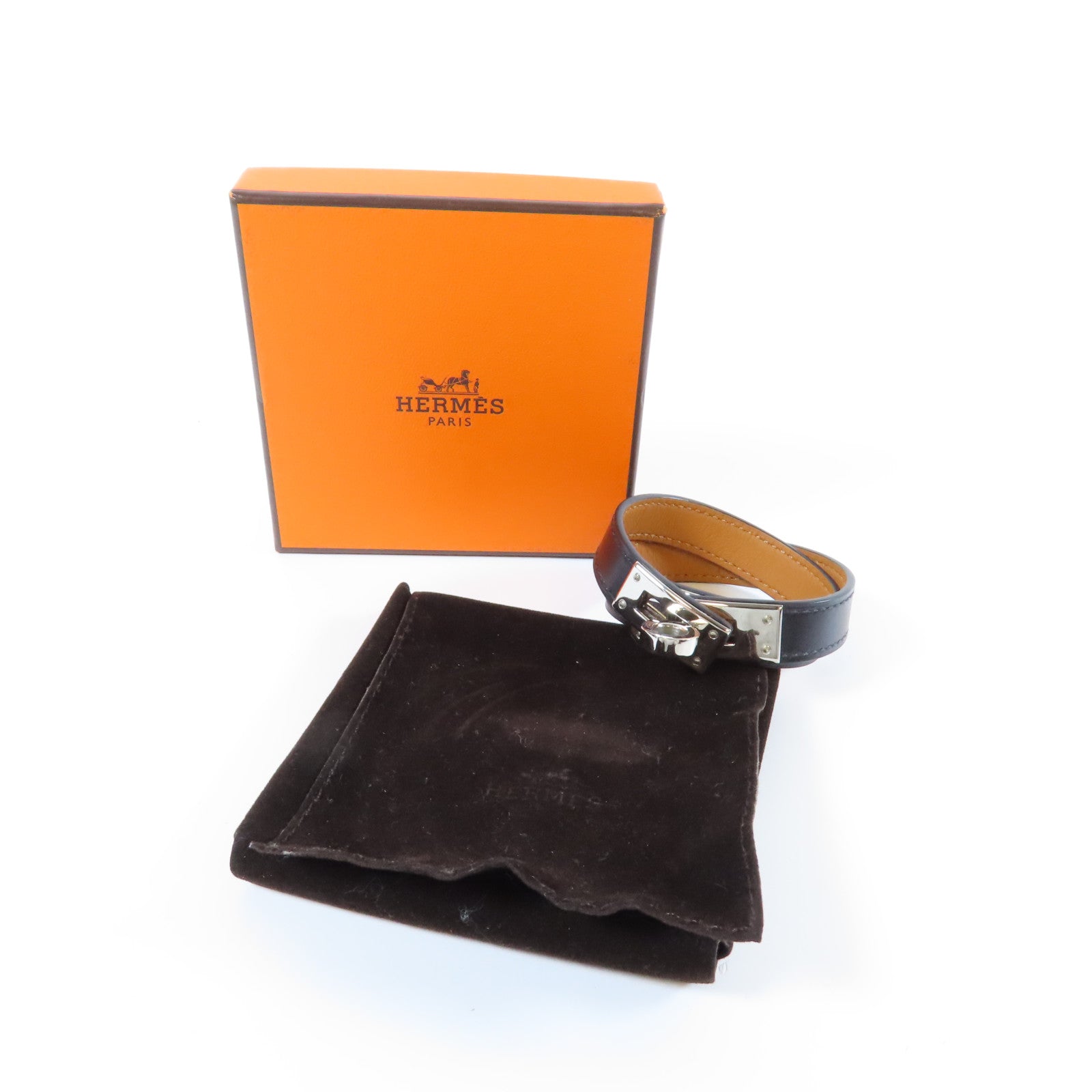 HERMES 皮革Kelly Double Tour銀扣手鐲Noir黑色