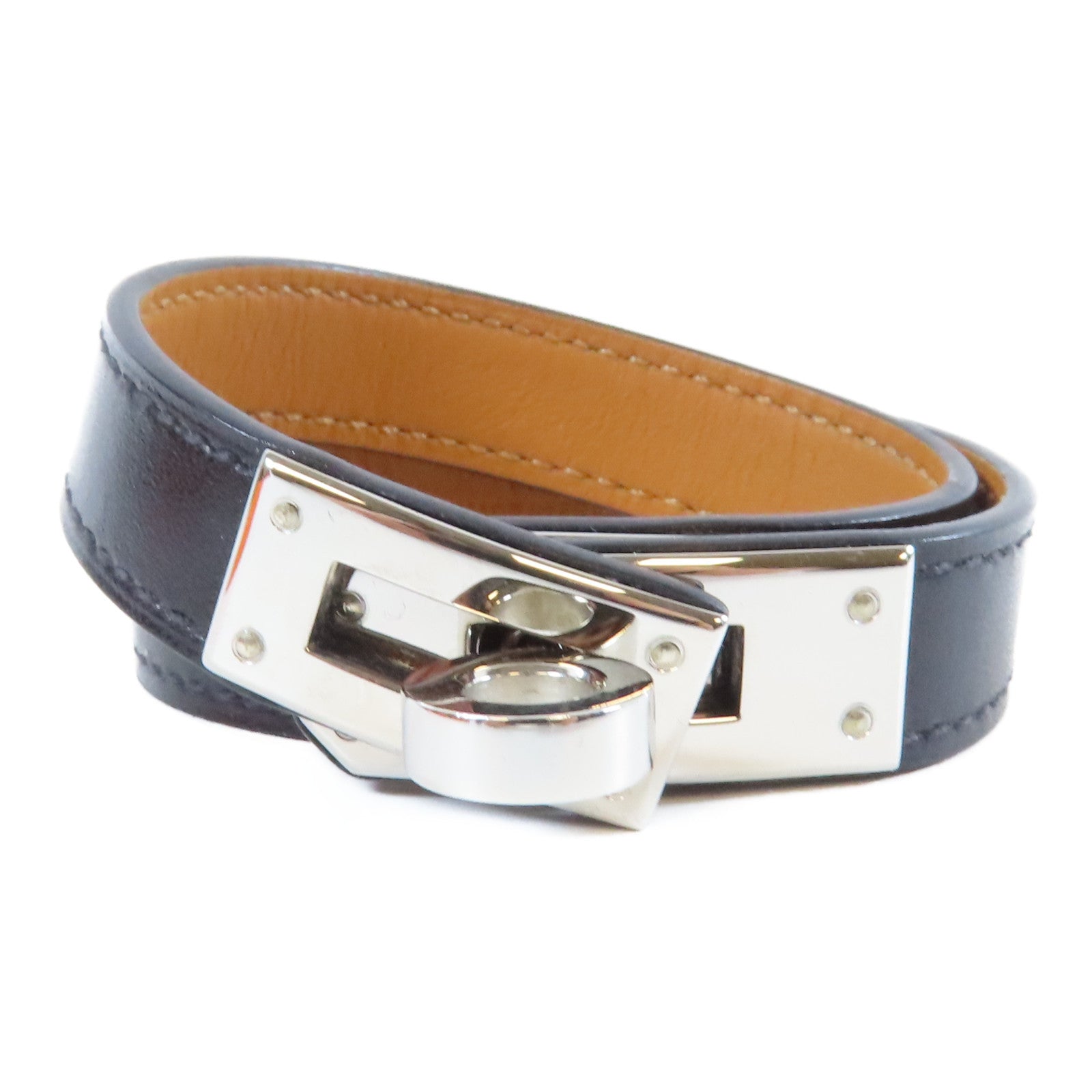 HERMES 皮革Kelly Double Tour銀扣手鐲Noir黑色