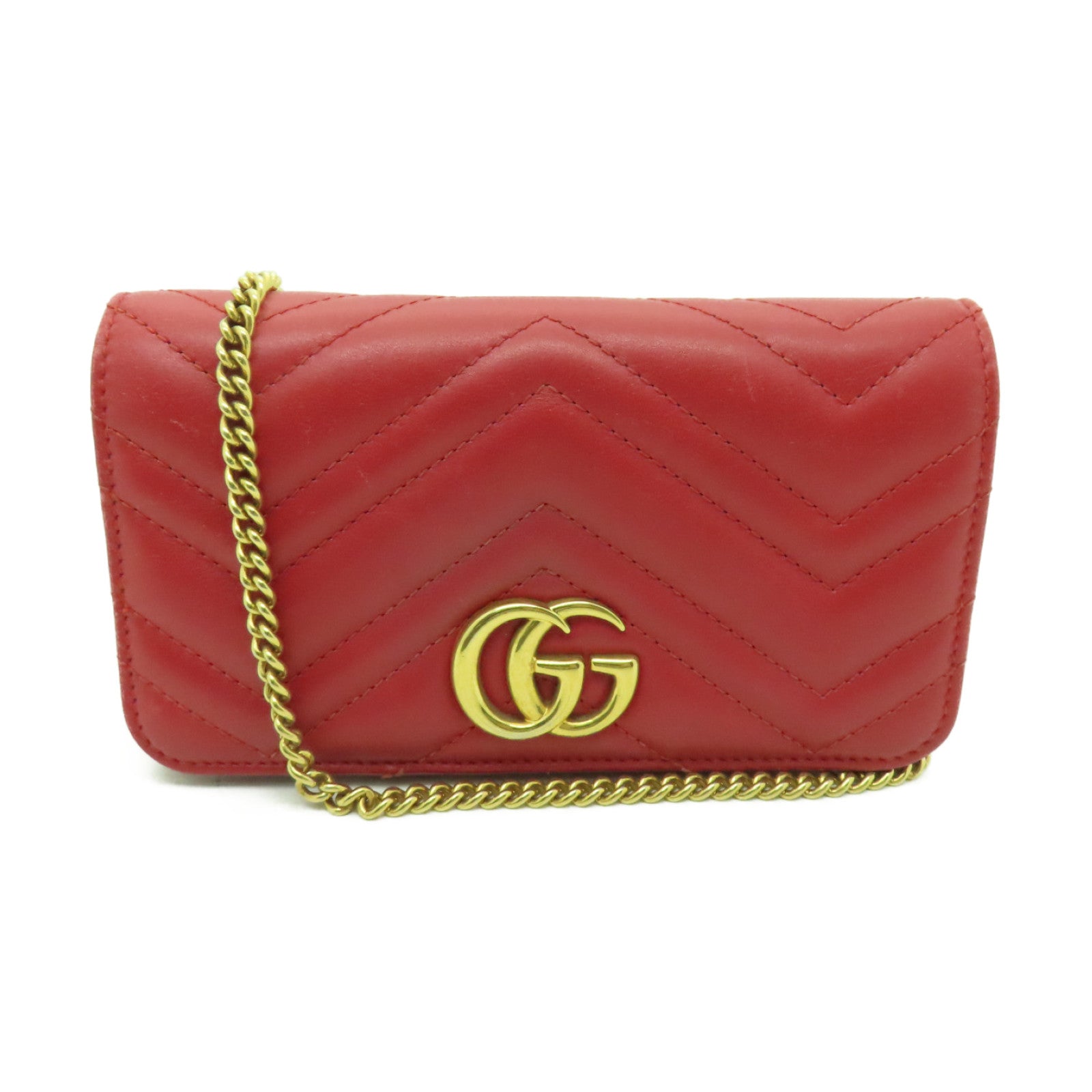 GUCCI 牛皮皮革GG Marmont Mini金扣鏈帶肩背袋紅色