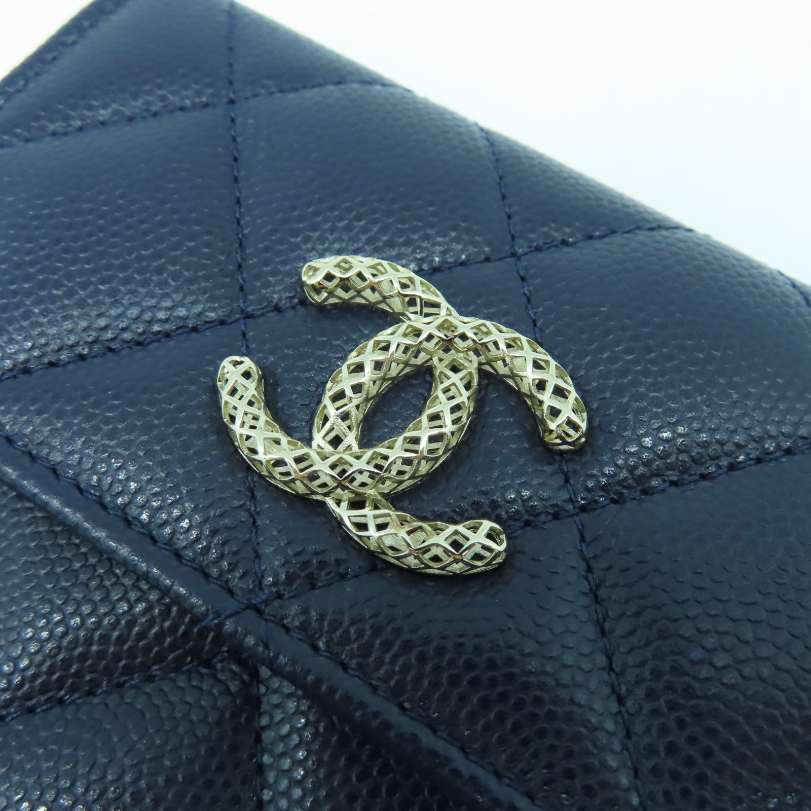 CHANEL 菱格牛皮皮革Card Case金扣卡片套深藍色