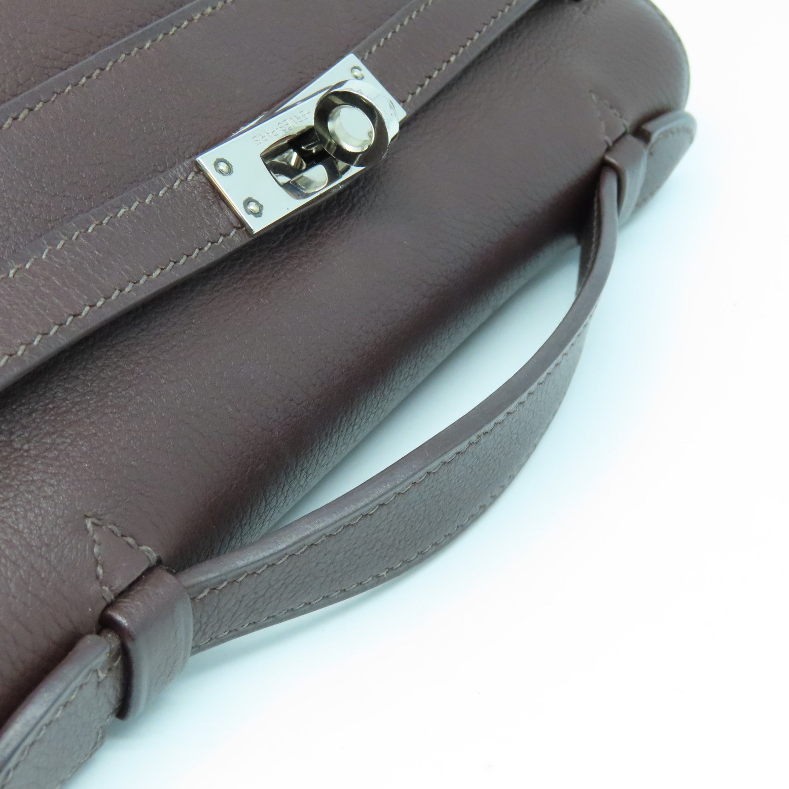 HERMES Evergrain皮革Kelly Pochette銀扣手拿包Havane啡色