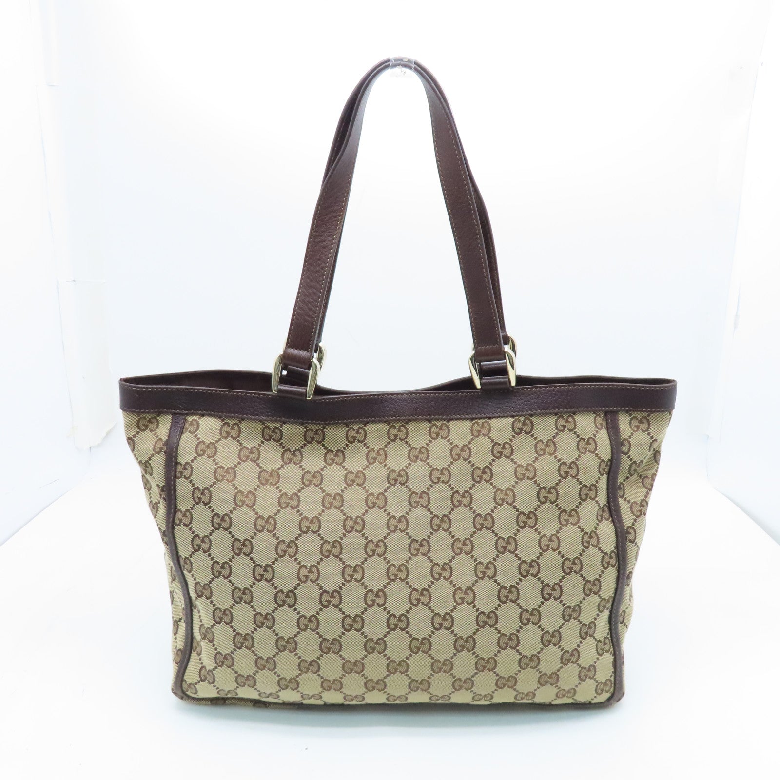 GUCCI Canvas Tote Bag Gold Buckle Handle Shoulder Bag Brown