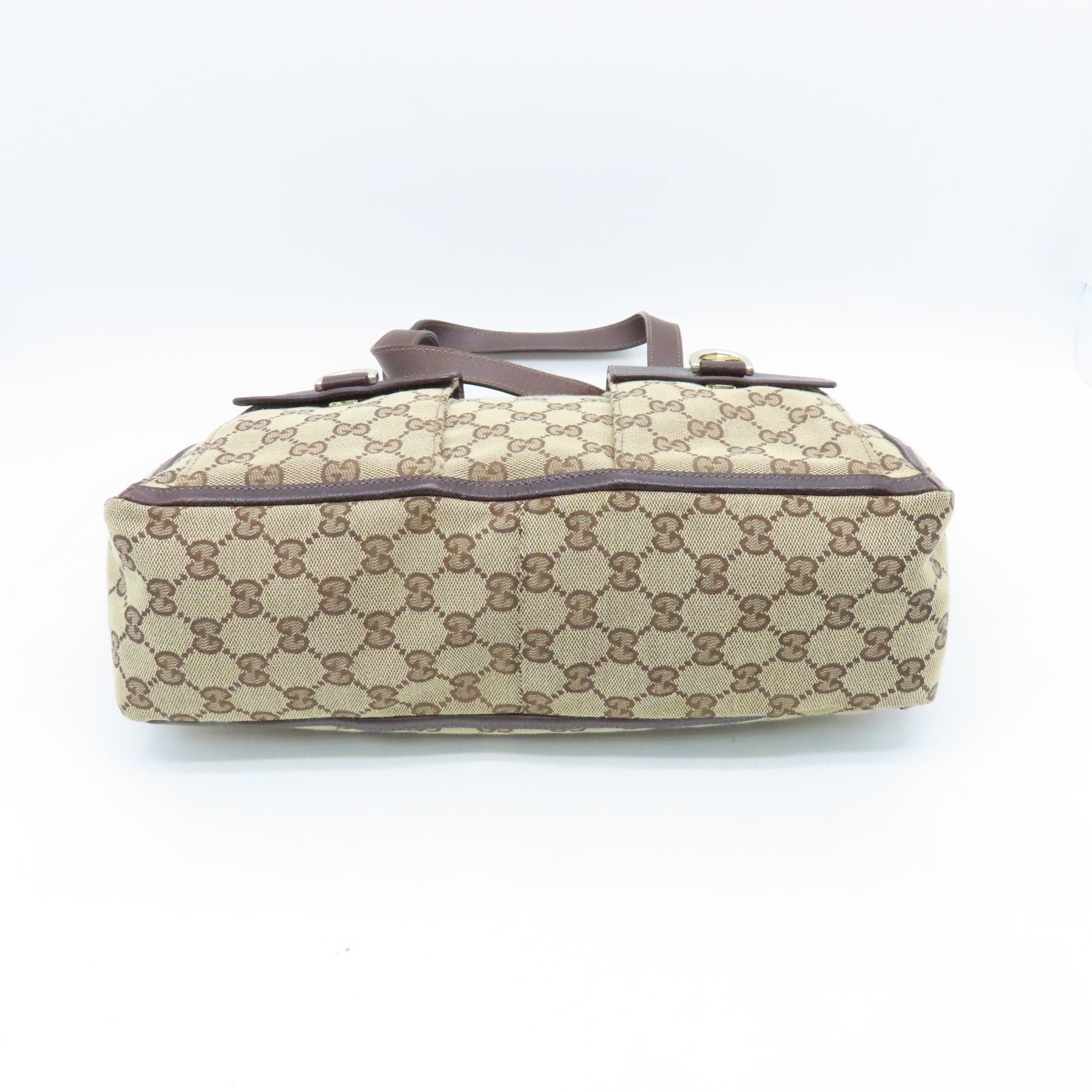 GUCCI Canvas Tote Bag Gold Buckle Handle Shoulder Bag Brown