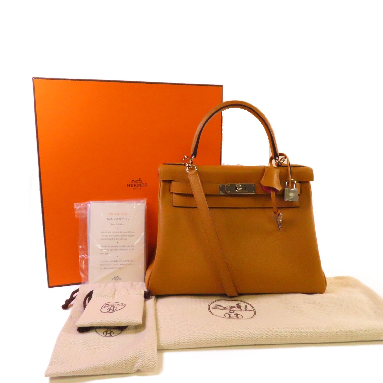 HERMES Evercolor皮革Kelly 28 2Way Hand Bag銀扣手挽肩背兩用袋Caramel焦糖色/Rose玫瑰色