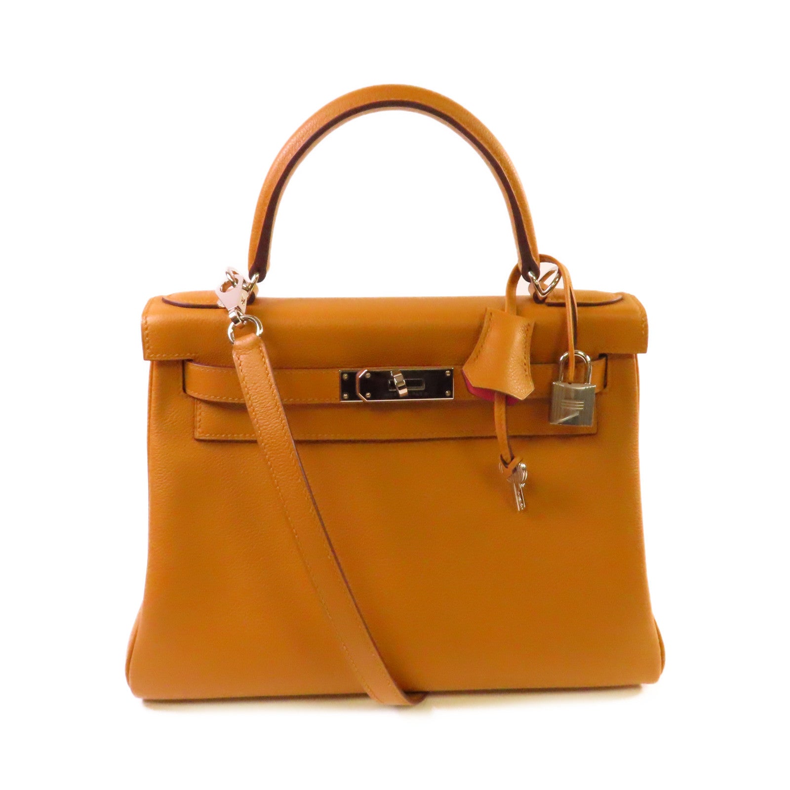 HERMES Evercolor皮革Kelly 28 2Way Hand Bag銀扣手挽肩背兩用袋Caramel焦糖色/Rose玫瑰色