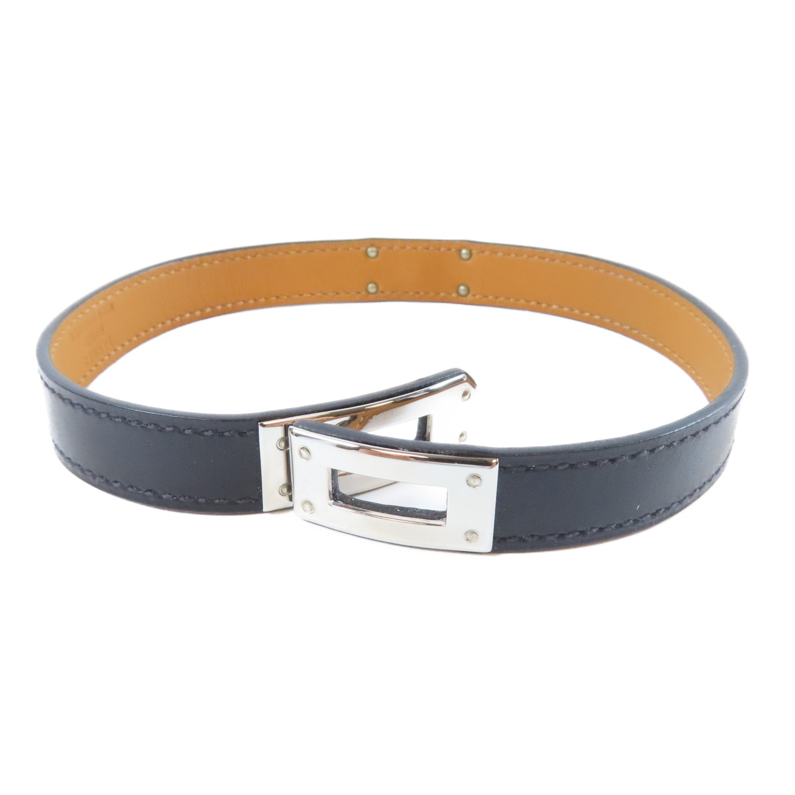 HERMES 皮革Kelly Double Tour銀扣手鐲Noir黑色