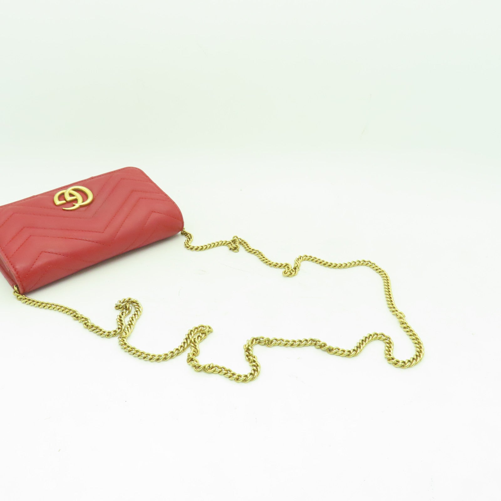 GUCCI 牛皮皮革GG Marmont Mini金扣鏈帶肩背袋紅色