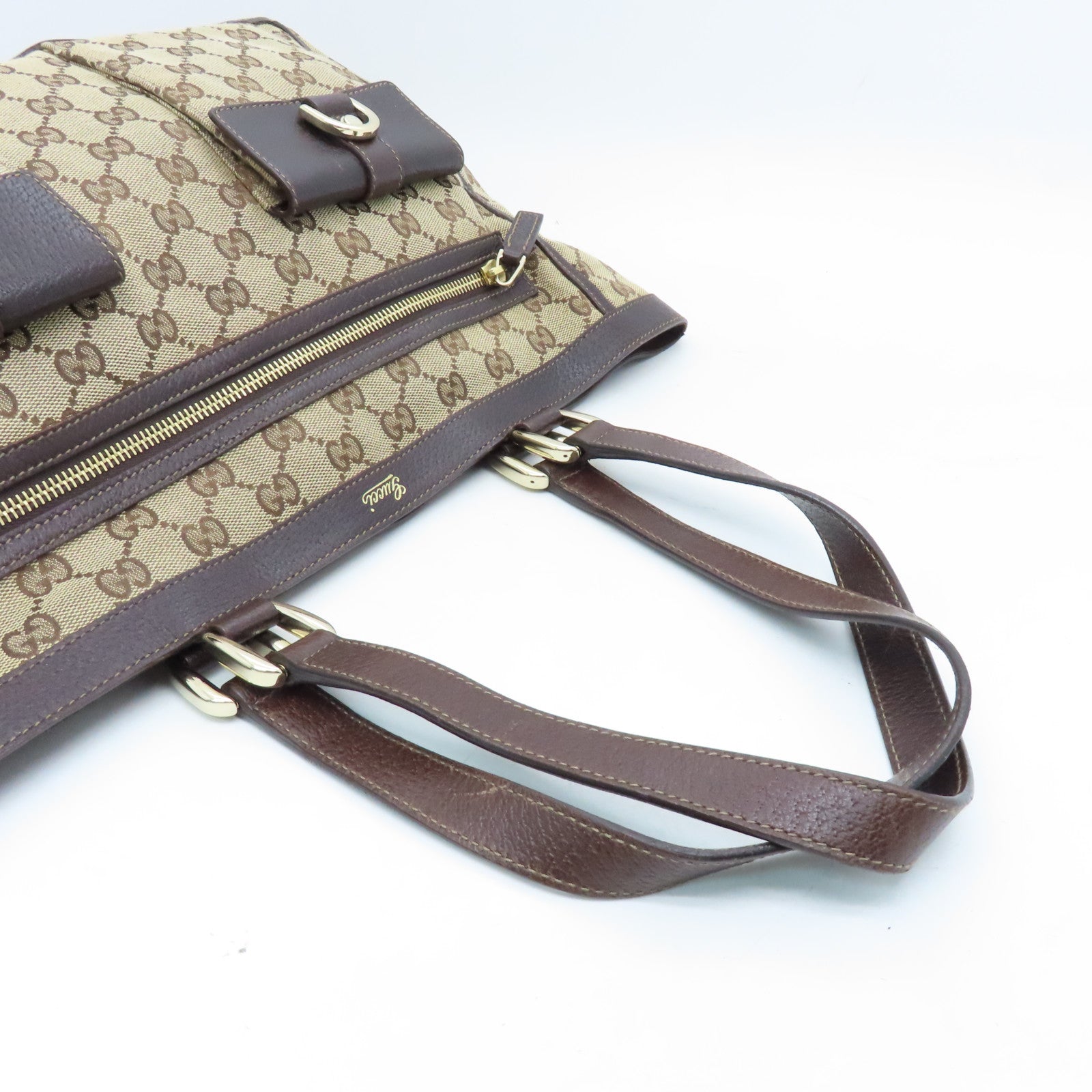 GUCCI Canvas Tote Bag Gold Buckle Handle Shoulder Bag Brown