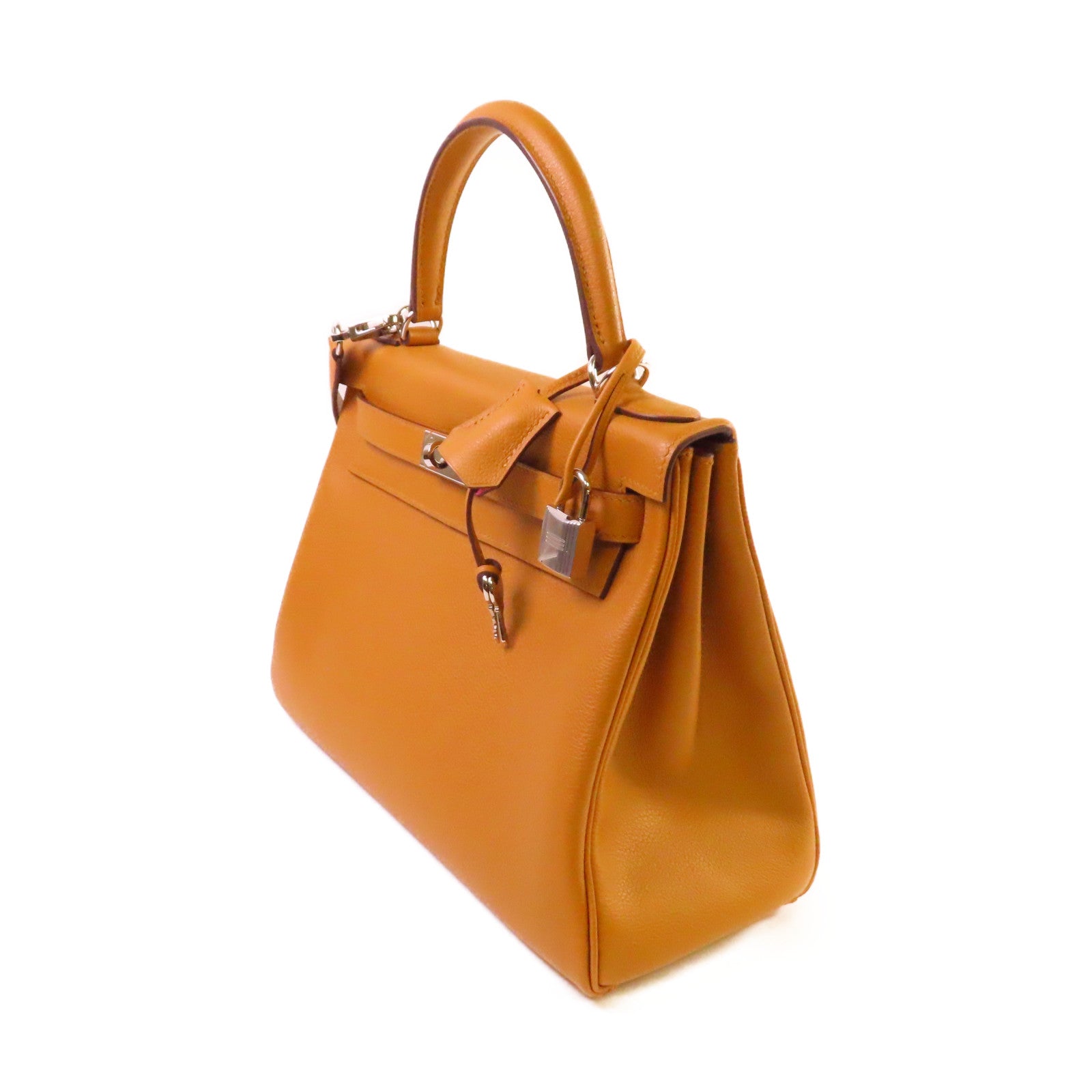 HERMES Evercolor皮革Kelly 28 2Way Hand Bag銀扣手挽肩背兩用袋Caramel焦糖色/Rose玫瑰色