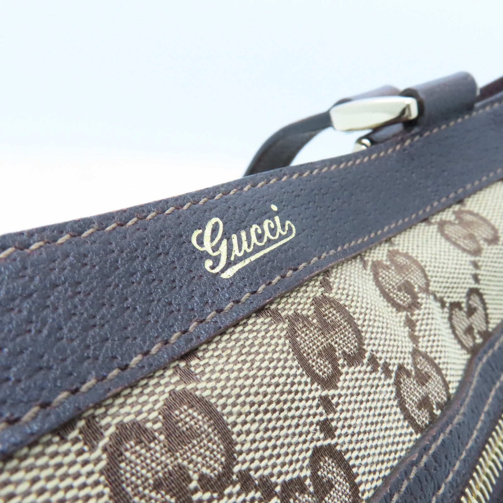 GUCCI Canvas Tote Bag Gold Buckle Handle Shoulder Bag Brown