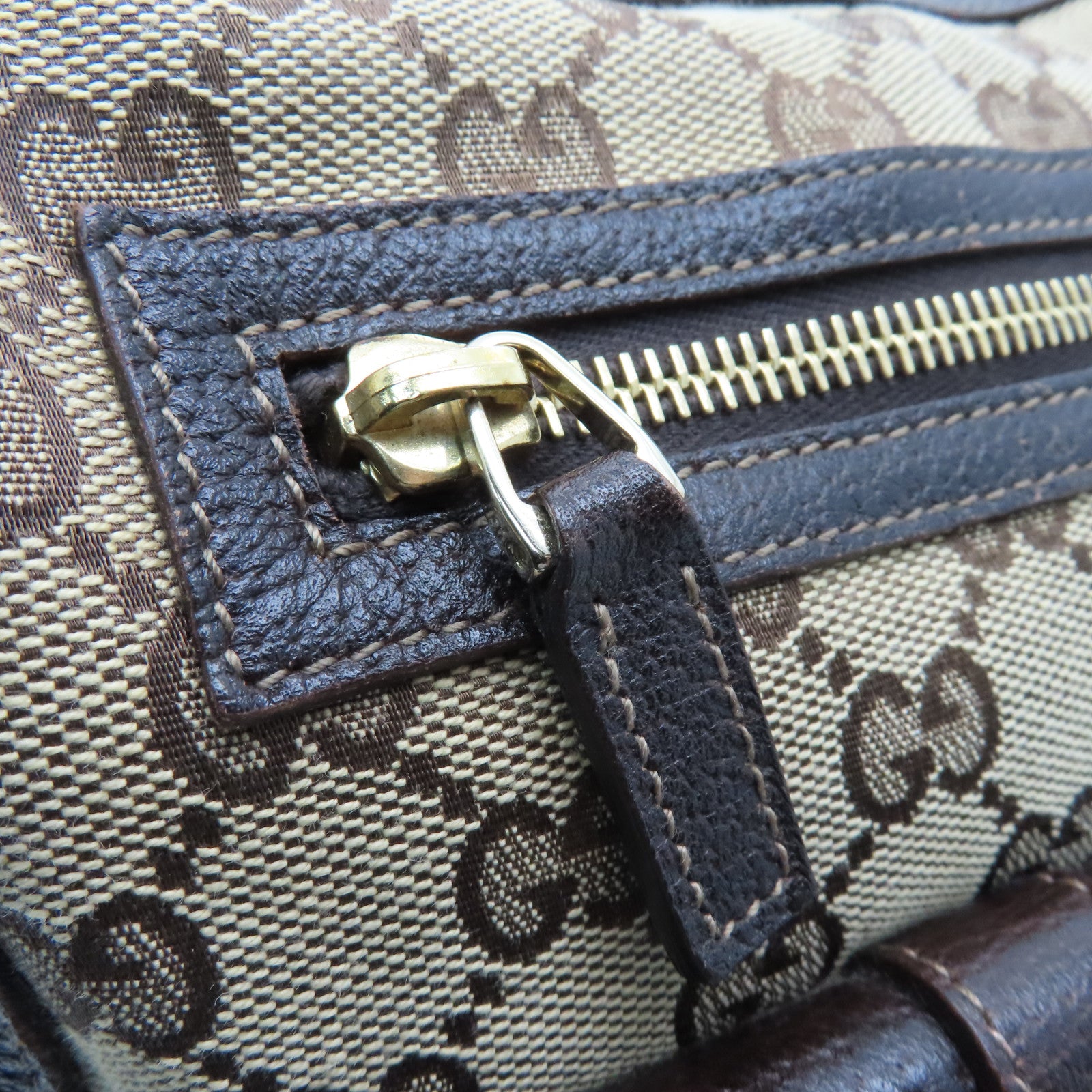 GUCCI Canvas Tote Bag Gold Buckle Handle Shoulder Bag Brown