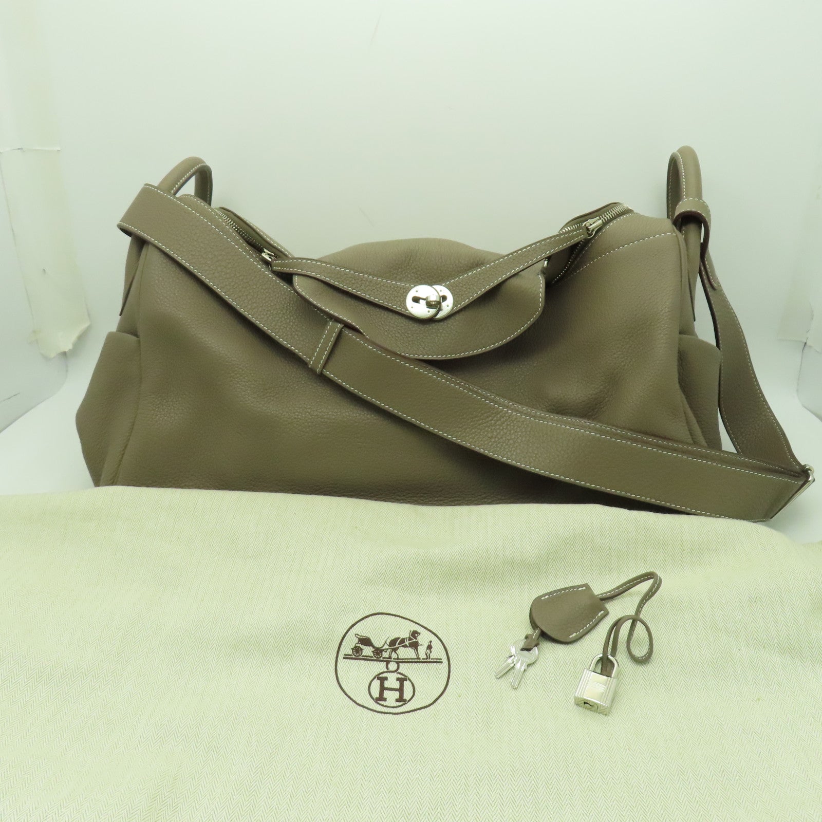 HERMES Clemence皮革Lindy 45銀扣手挽肩背兩用袋淺啡色