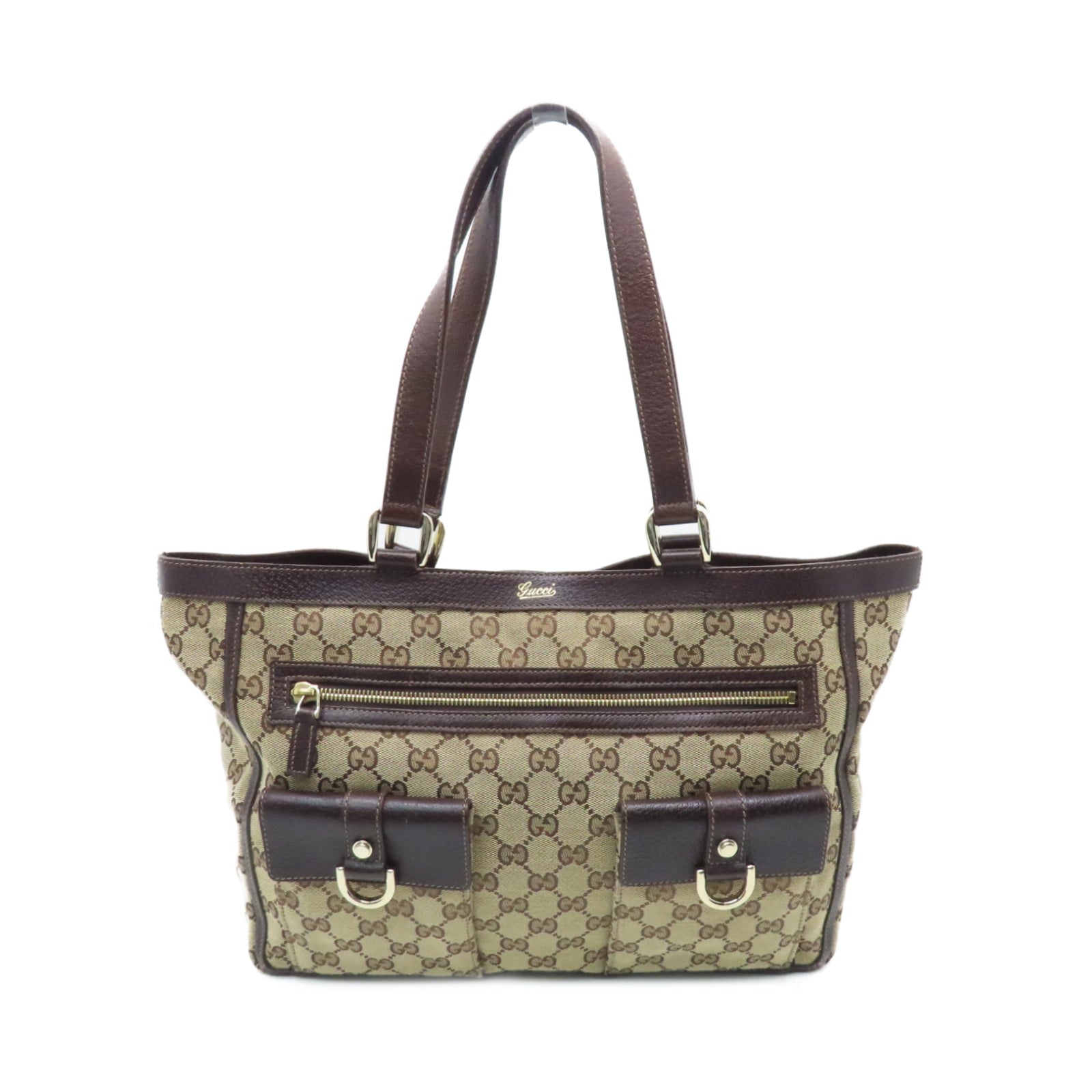 GUCCI Canvas Tote Bag Gold Buckle Handle Shoulder Bag Brown