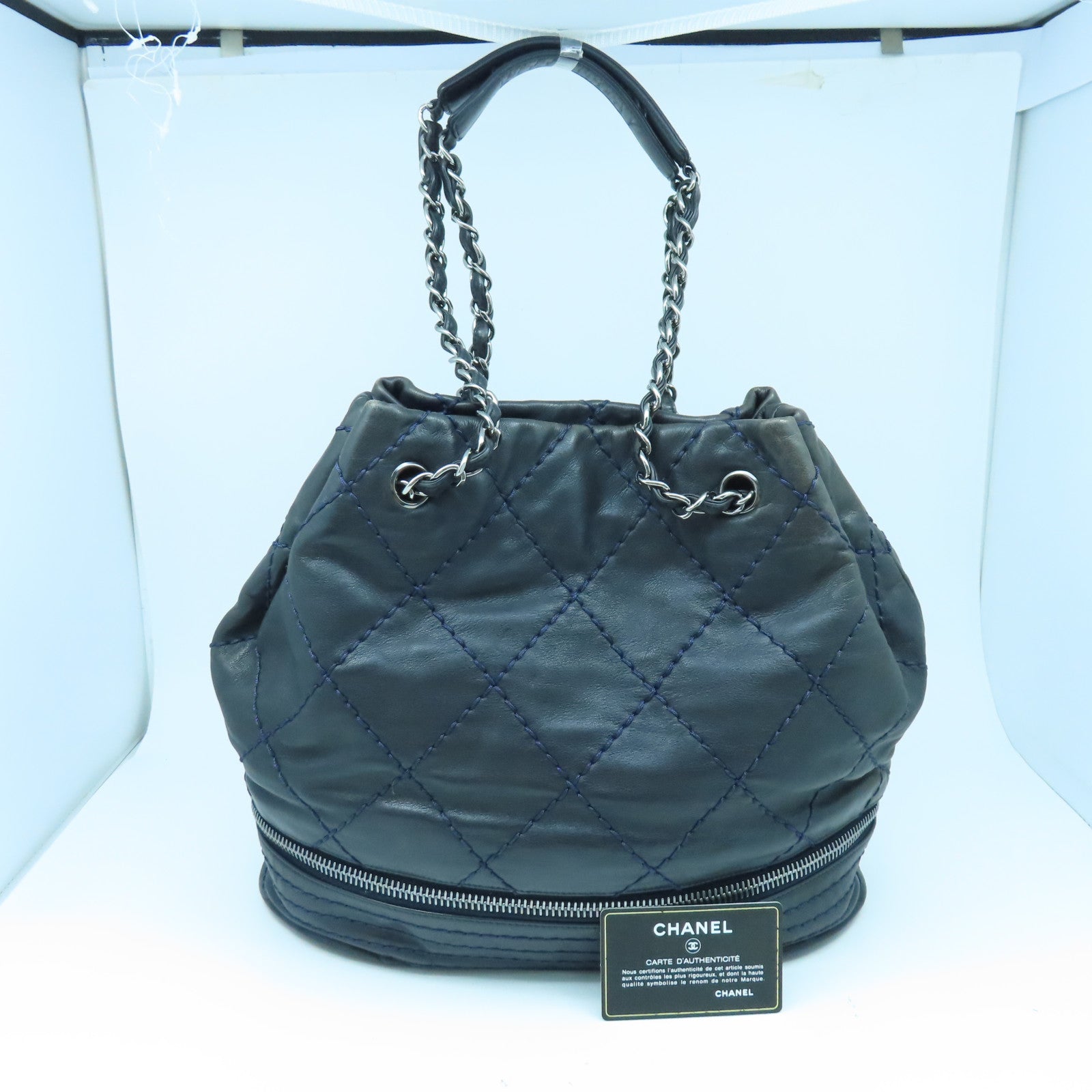 CHANEL 菱格牛皮皮革Chain Shoulder銀扣鏈帶肩背袋黑色